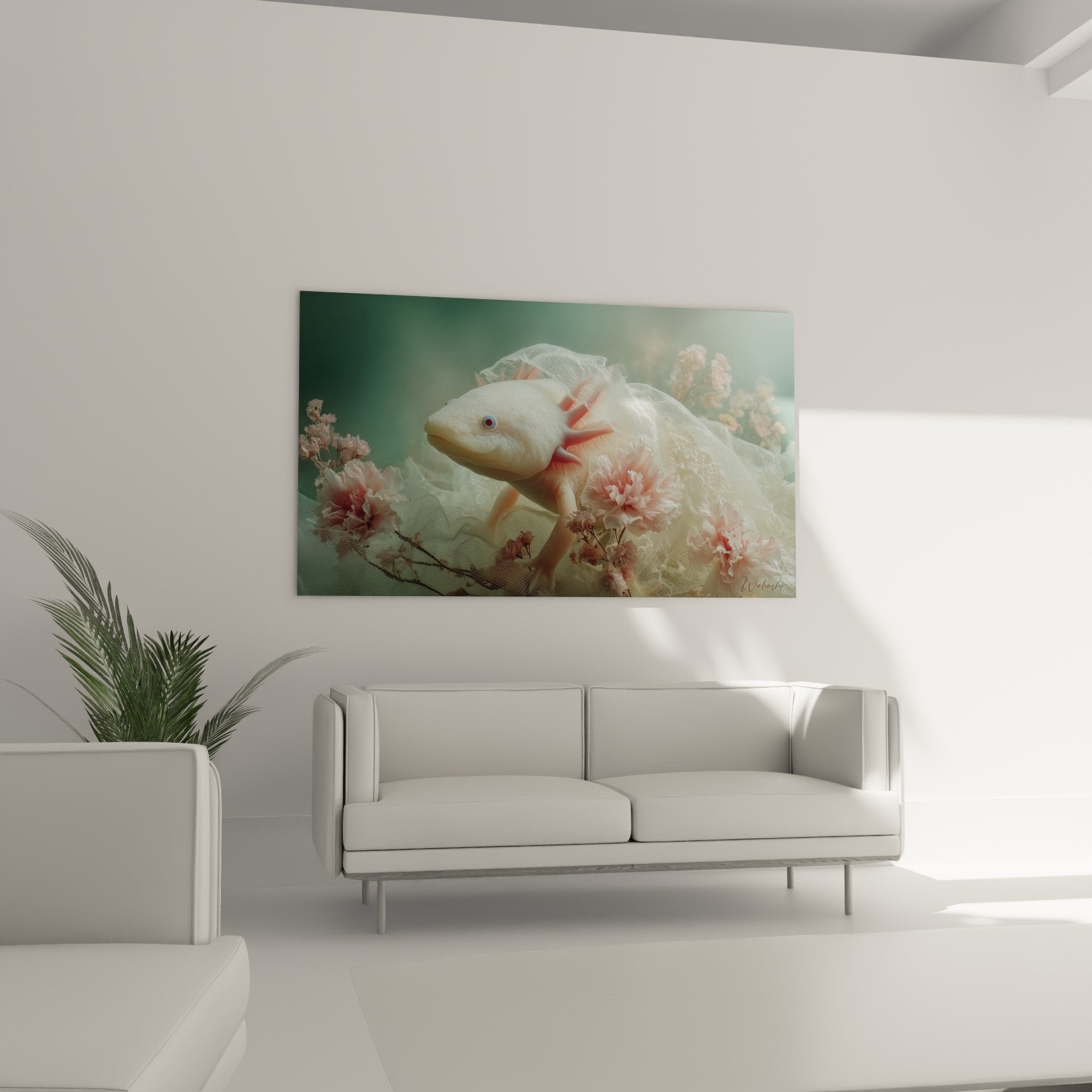 Detail axolotl blanc nacre peau translucide branchies oeillets roses tulle vaporeux