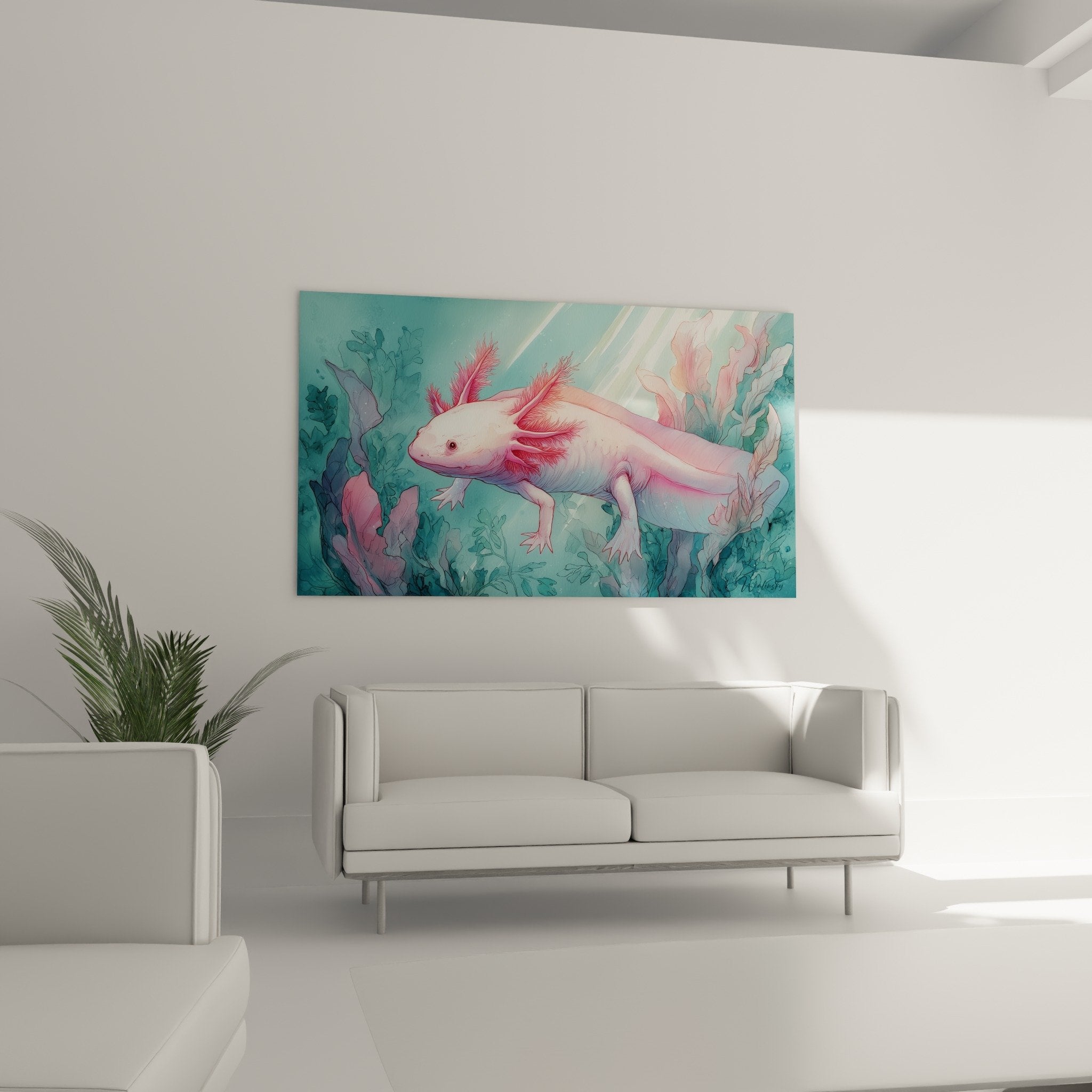 detail axolotl rose branchies corail texture tableau art aquatique