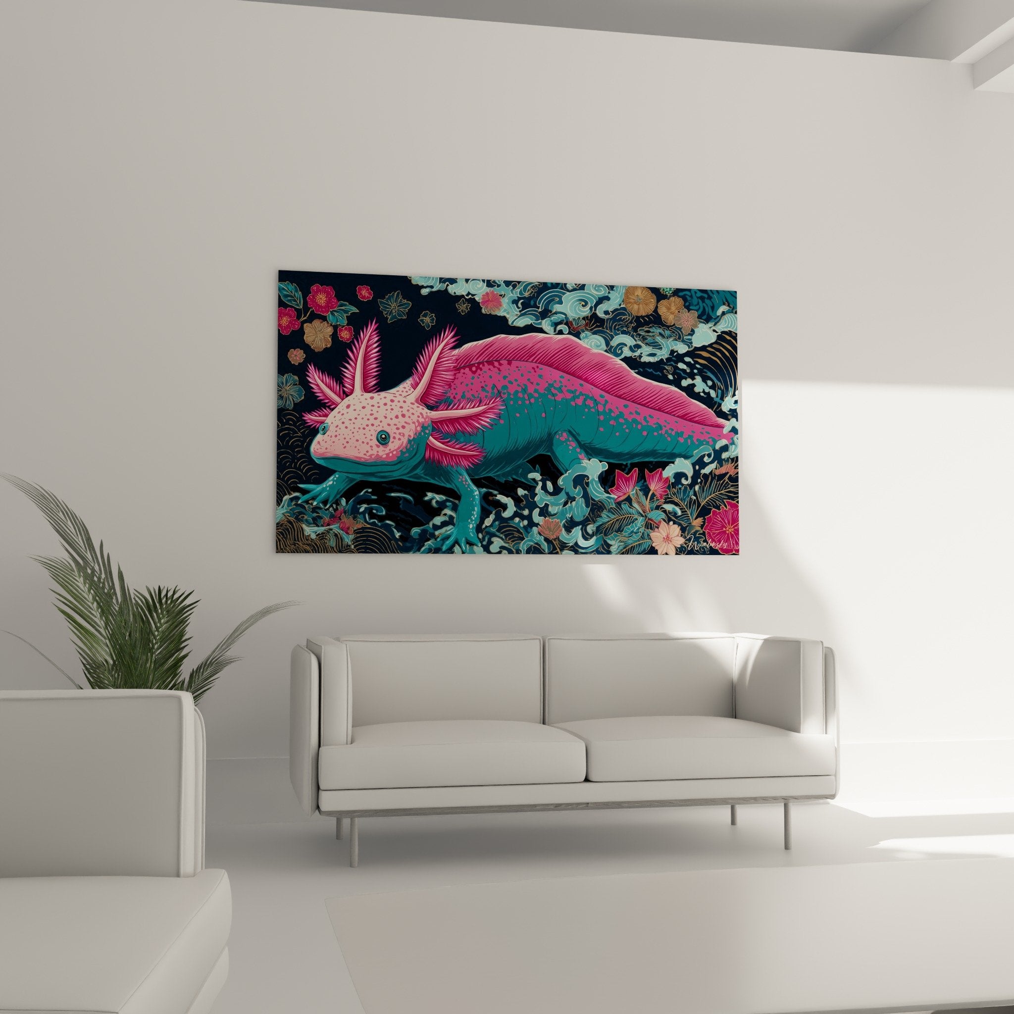 Détail rapproché tableau axolotl branchies roses coral et corps turquoise avec fleurs japonaises dorées