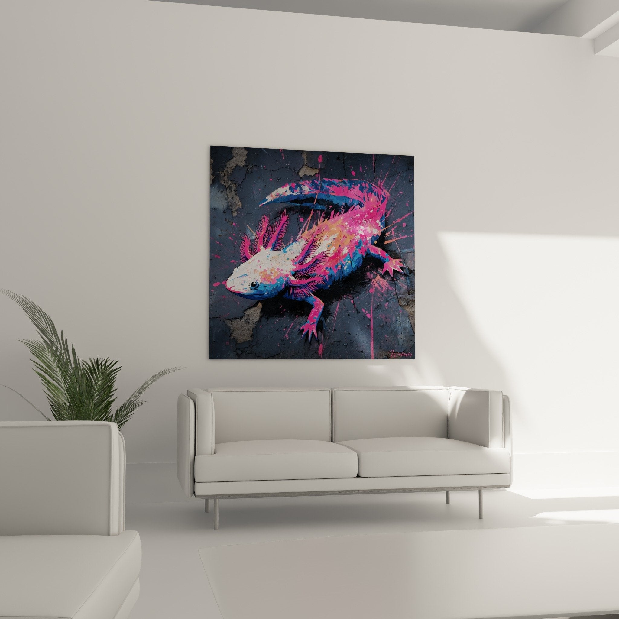 Détail rapproché axolotl artistique branchies roses éclaboussures magenta peinture style street art