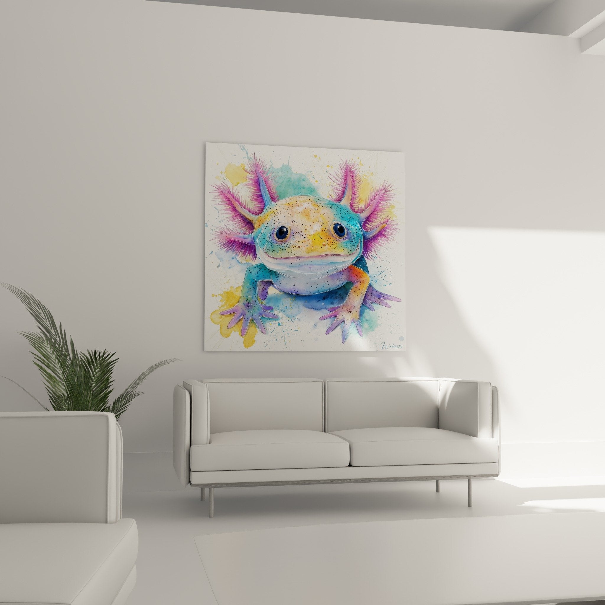 Détail rapproché axolotl peint aux couleurs vives avec branchies roses et yeux noirs expressifs