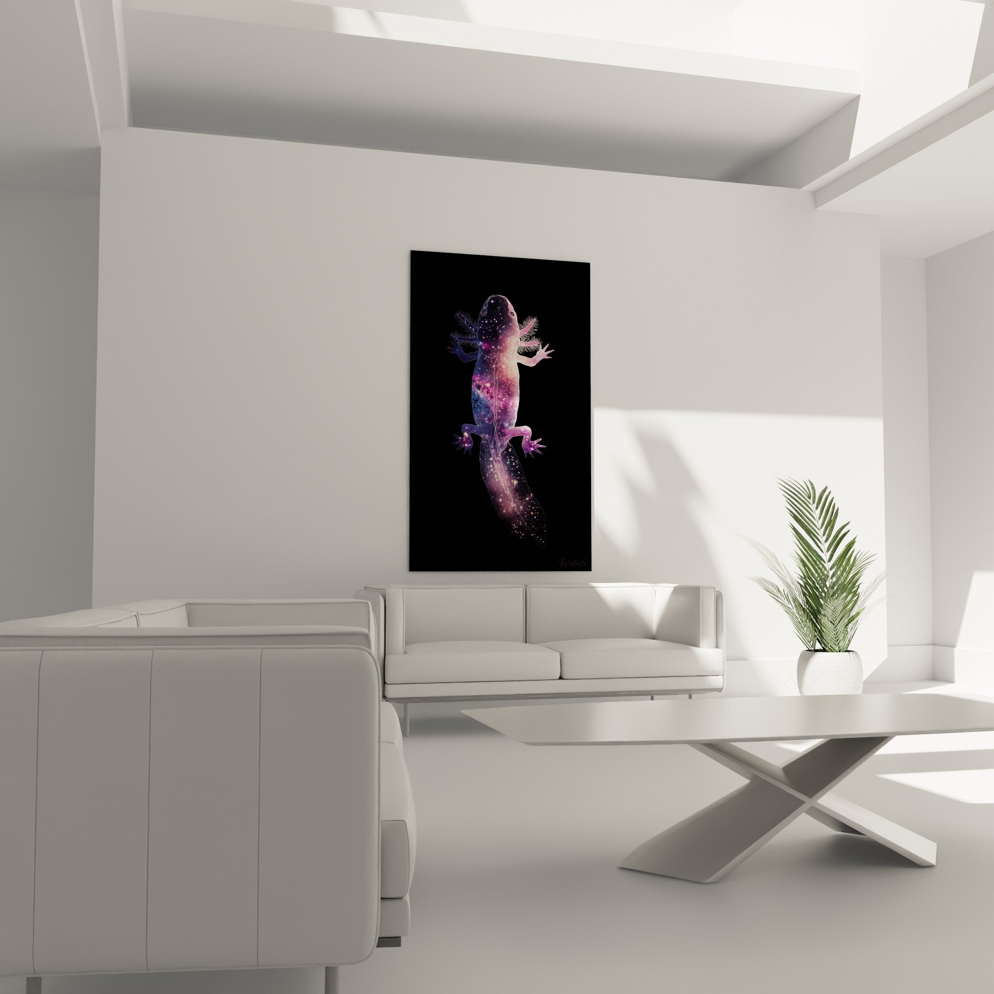 Détail axolotl artistique aux couleurs cosmiques violettes roses avec points lumineux constellation