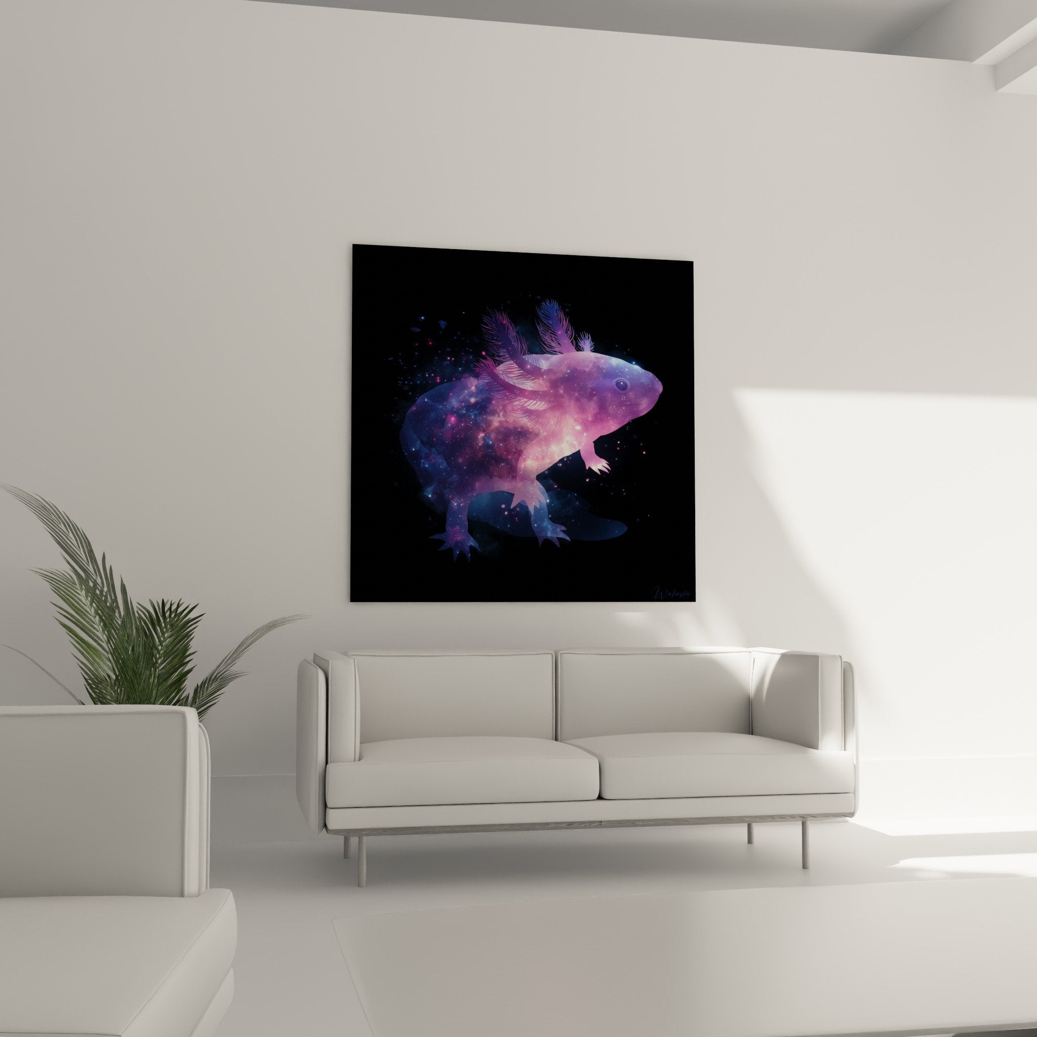 Close-up detail of cosmic axolotl showing pearlescent textures and shimmering star particles
