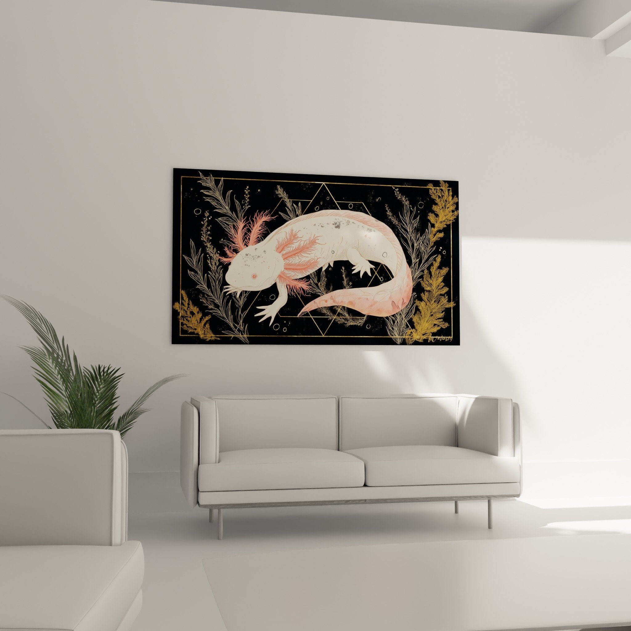 Detail axolotl rose avec branchies corail et motifs geometriques dores sur fond noir
