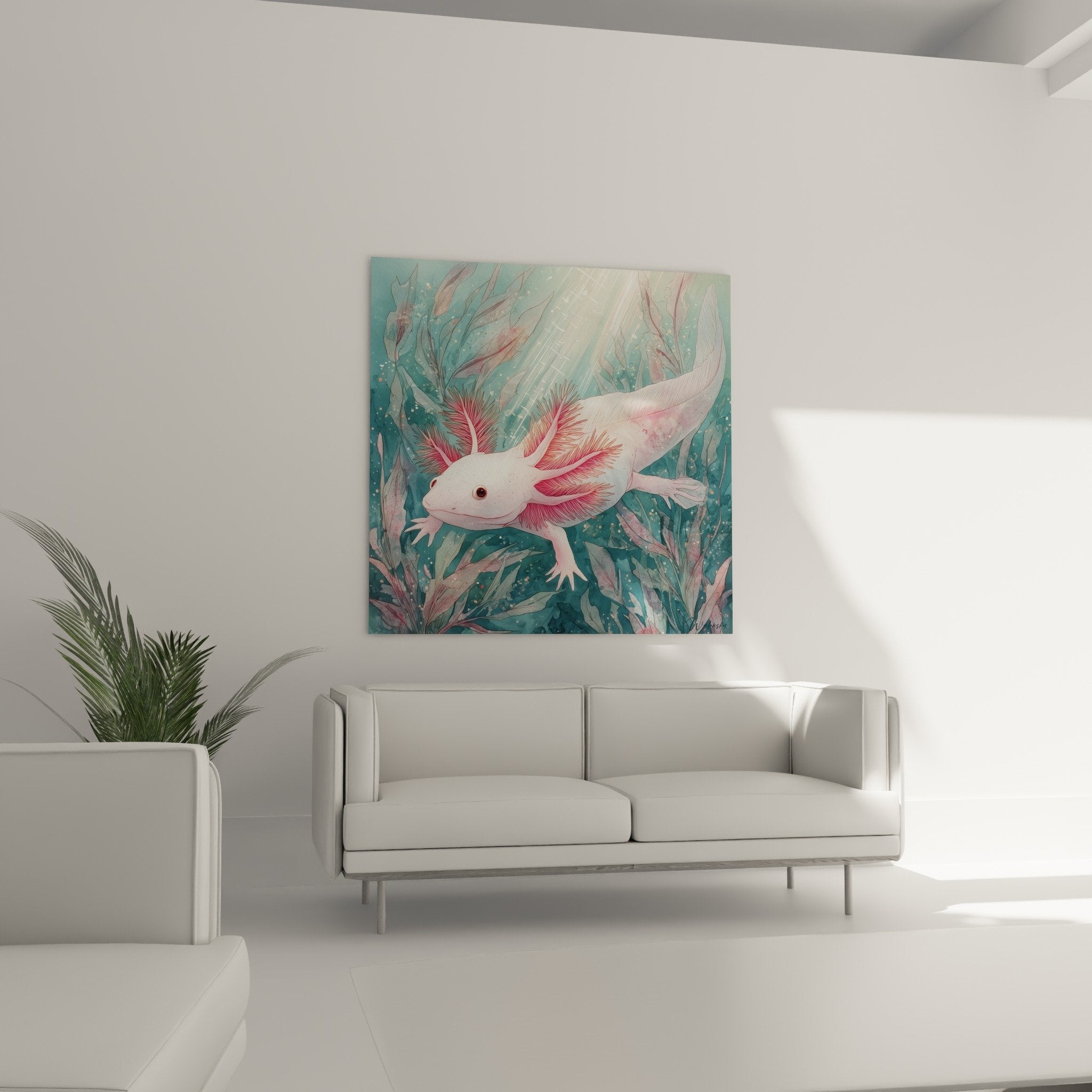 Detail axolotl rose nacre aux branchies corail eclatant dans vegetation aquatique turquoise et jade
