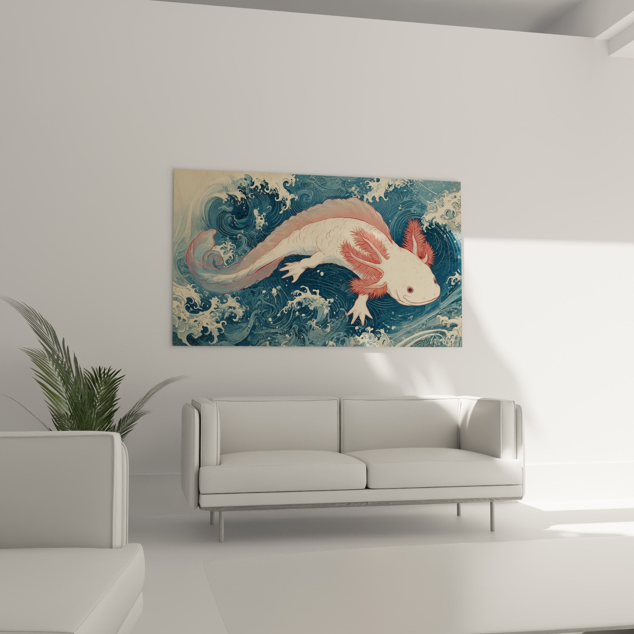 Détail axolotl rose aux branchies rouge corail dans composition artistique vagues bleues style nippon