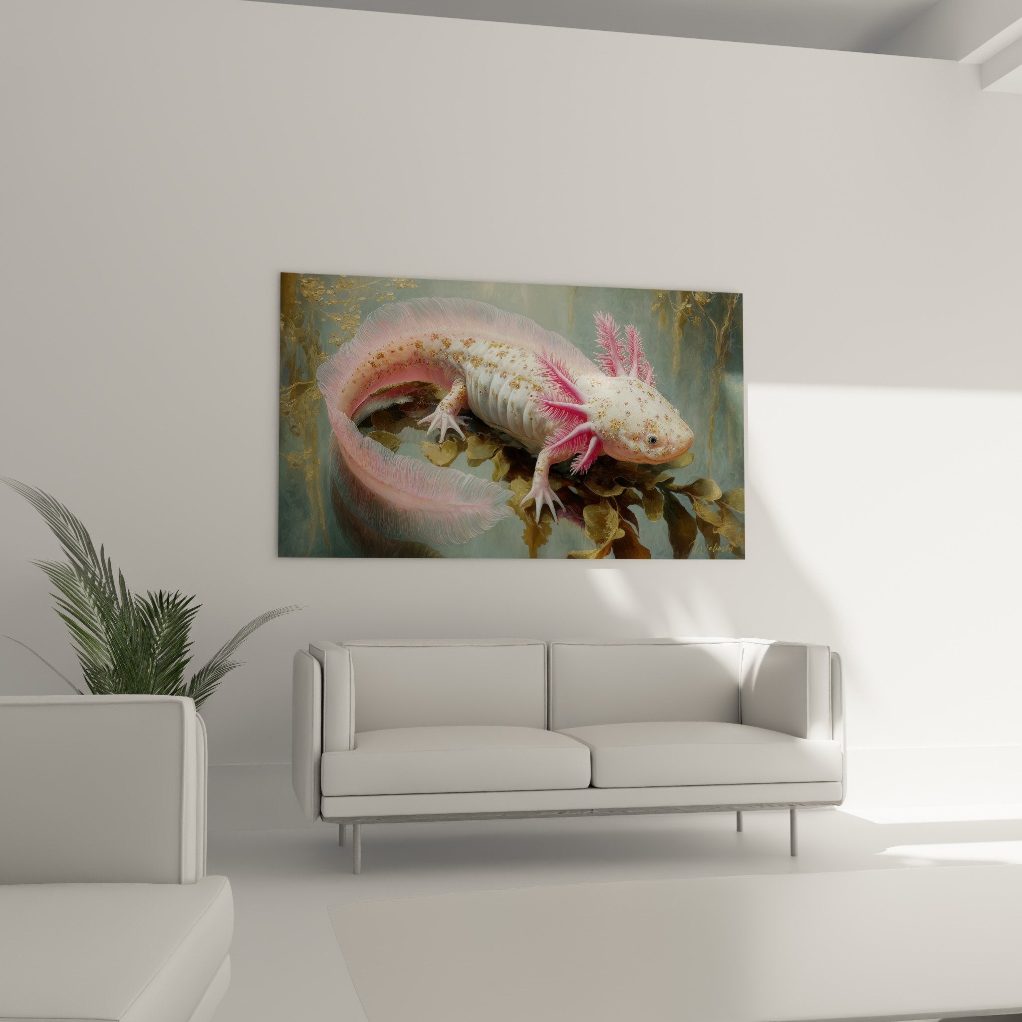 Détail tableau axolotl rose - branchies soyeuses et textures nacrées de l'amphibien aquatique artistique