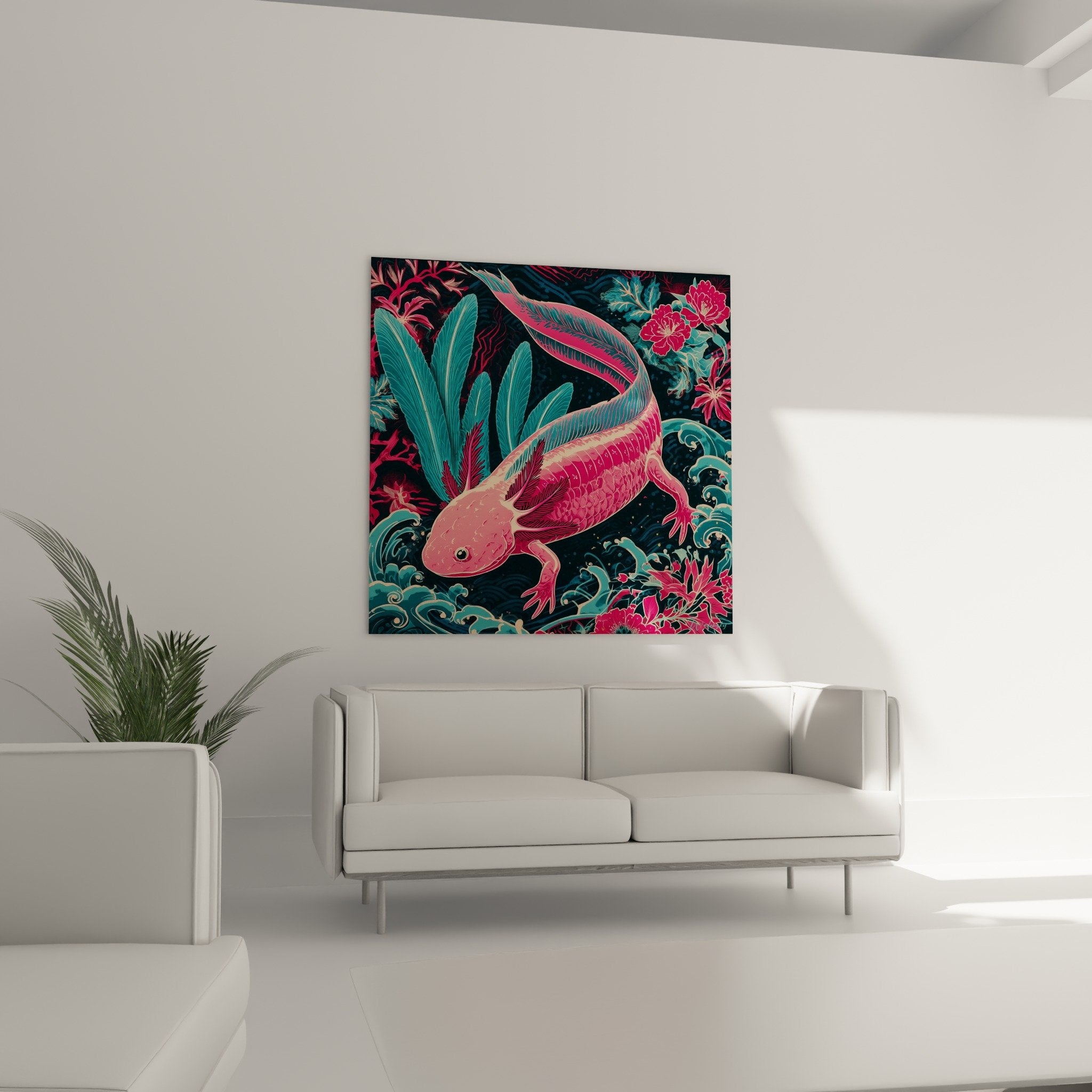 Detail axolotl rose nageoires turquoise fleurs pivoines art aquatique fantastique