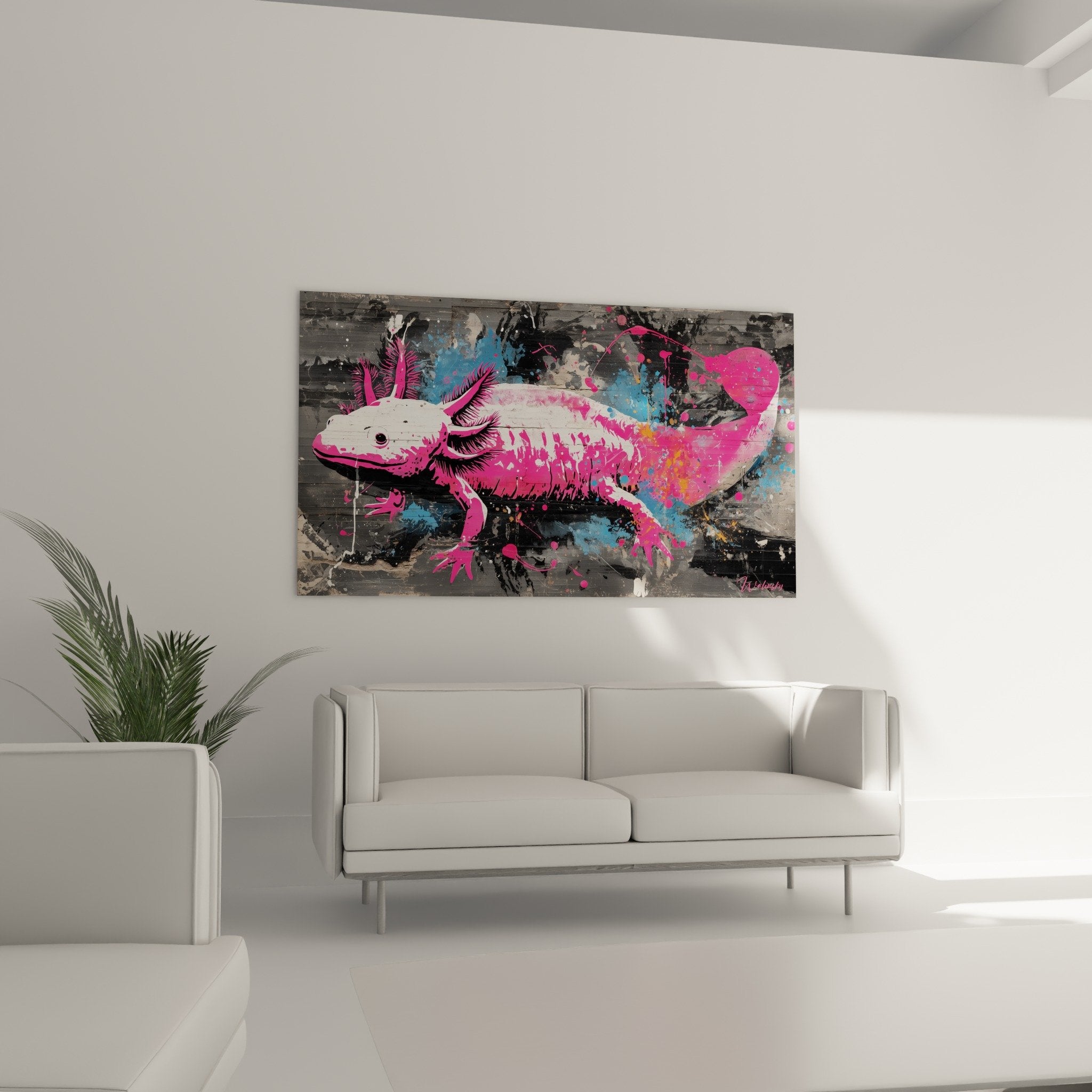 Detail axolotl rose fuchsia avec branchies delicates peinture street art eclaboussures bleues