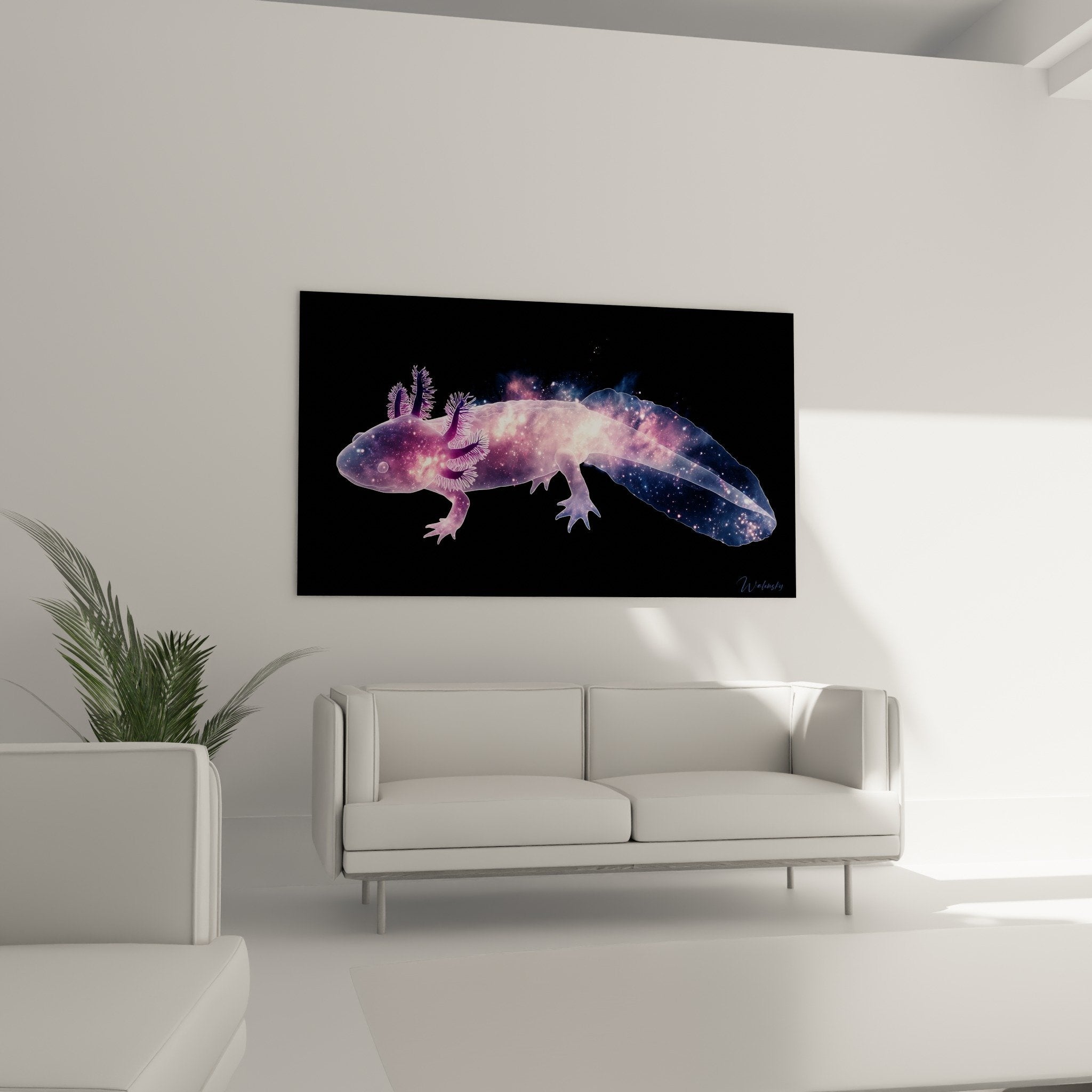 Détail axolotl transparent aux couleurs cosmiques rose bleu avec constellation d'étoiles scintillantes