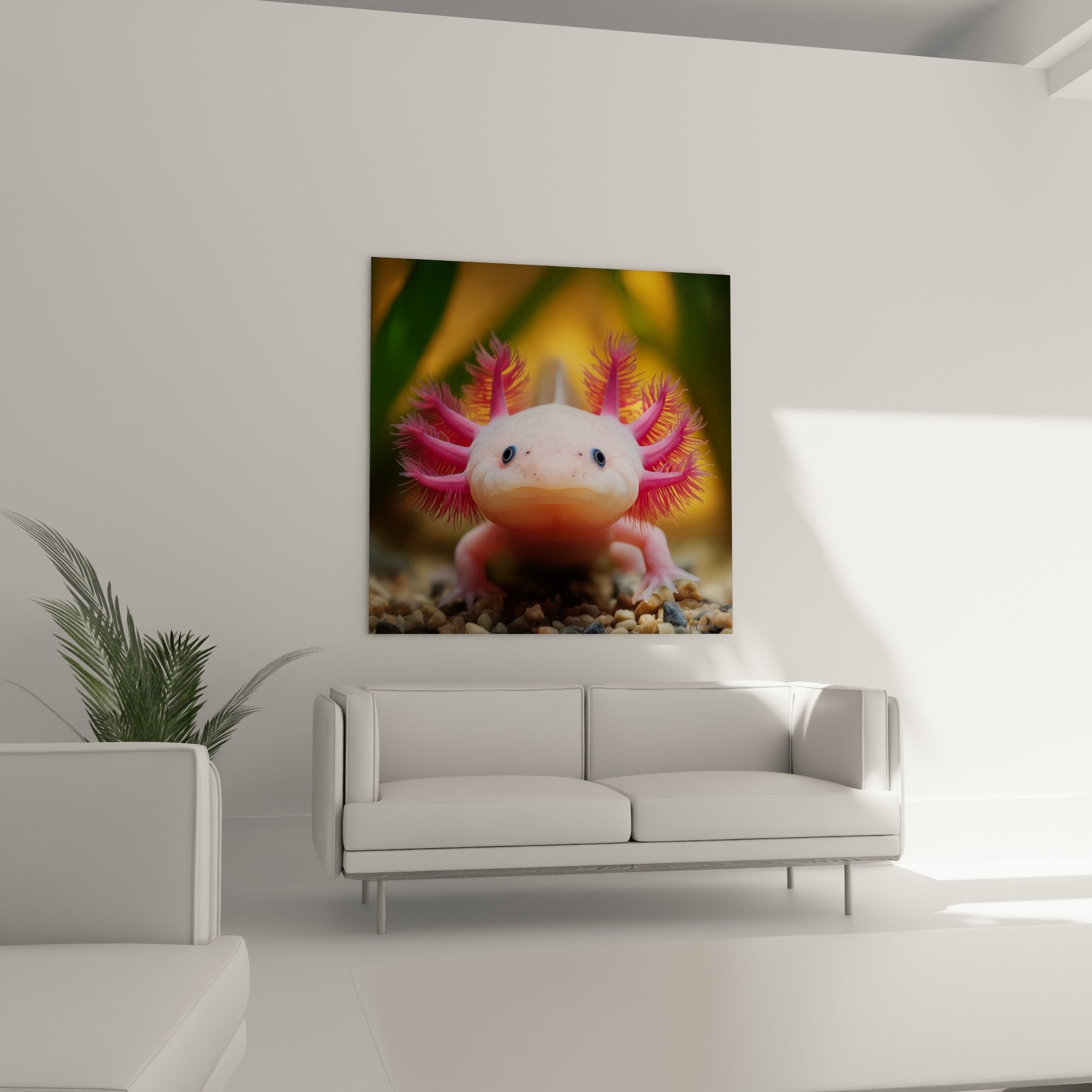 Gros plan sur axolotl aux grands yeux noirs et branchies colorées, détails artistiques saisissants