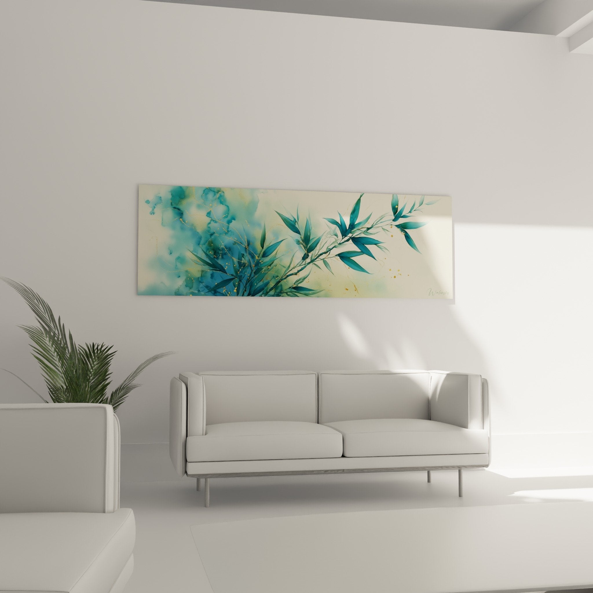 Detail aquarelle bambou touches dorees bleu vert texture peinture feng shui nord eau