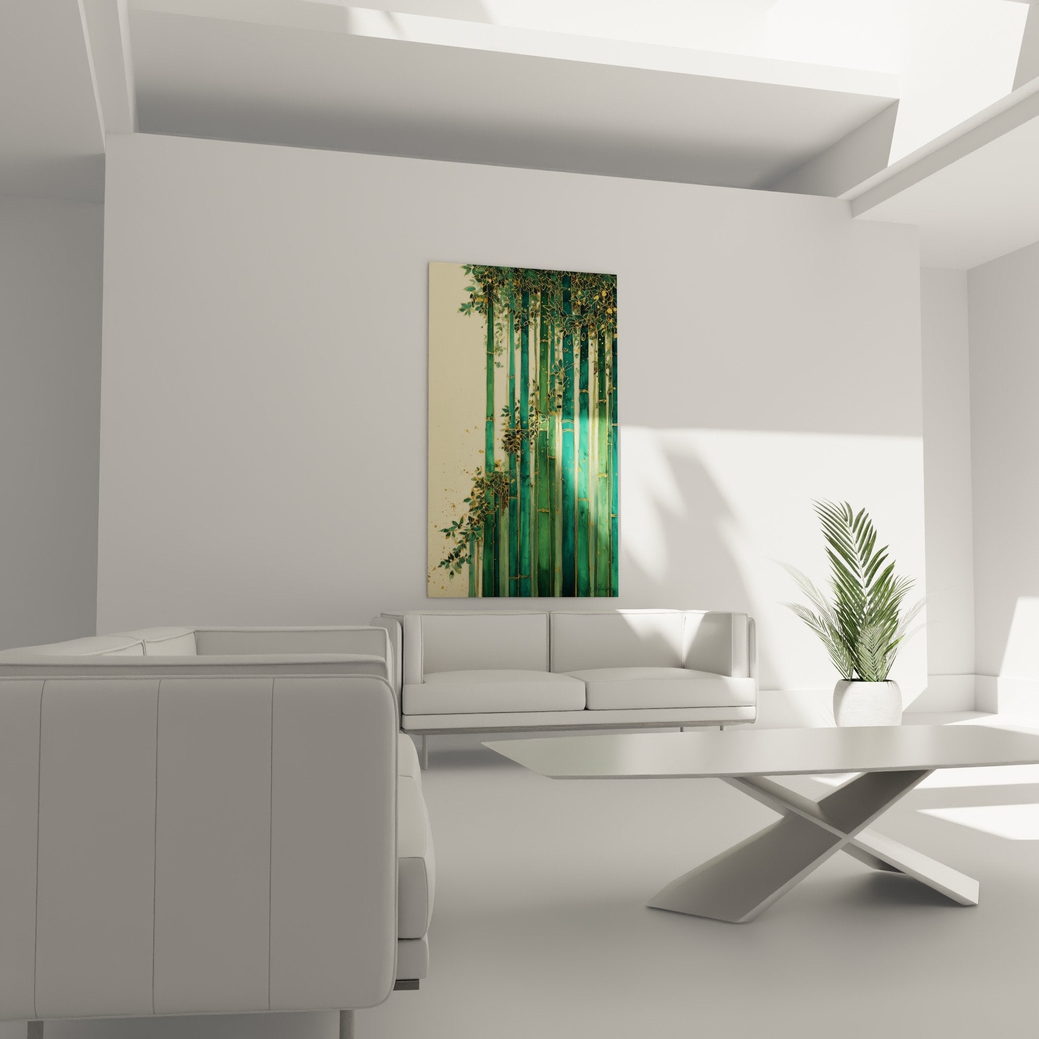 Detail of green bamboo with golden reflections delicate foliage feng shui southeast wood contemporary Asian art