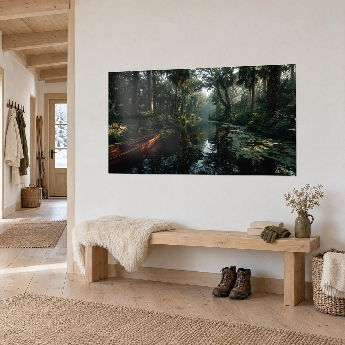 Wall art dark canal lined with palm trees in tropical forest, copper reflections and green foliage, on a white entrance wall