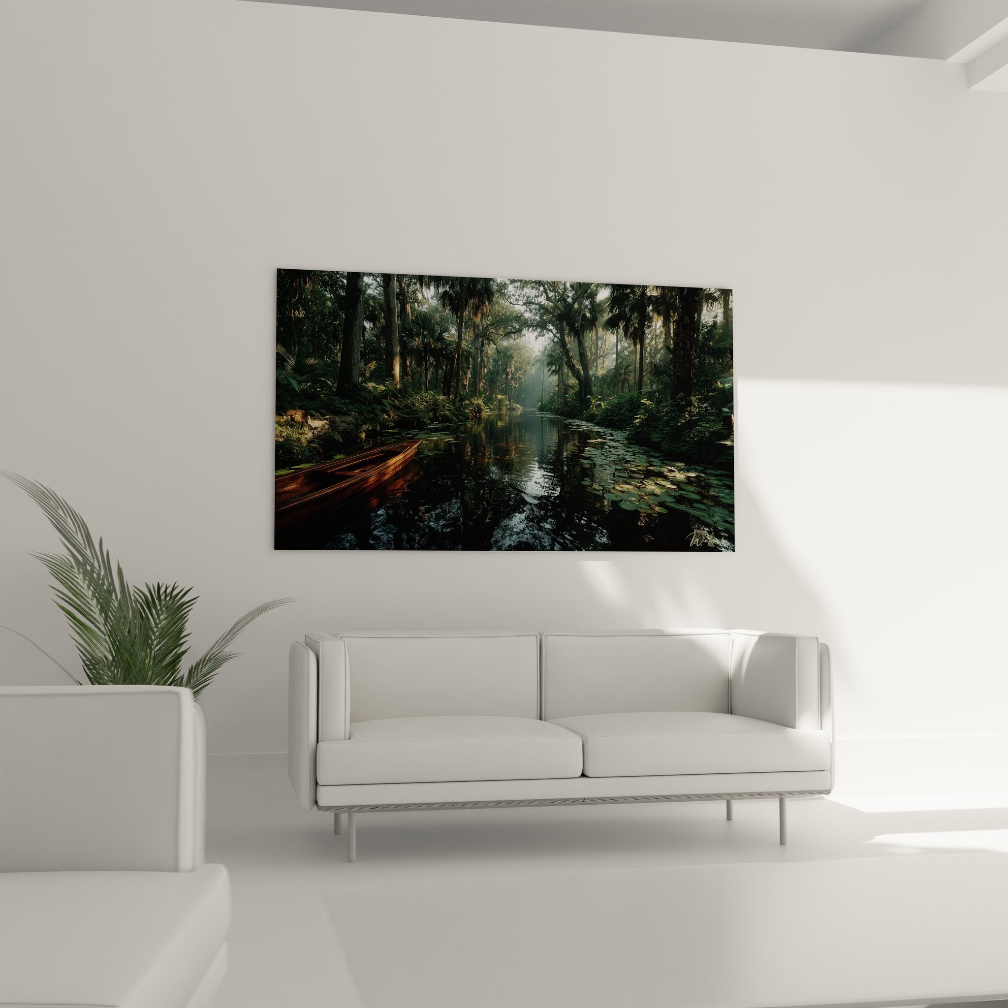 Détail tableau barque bois sur eau calme entourée végétation tropicale dense