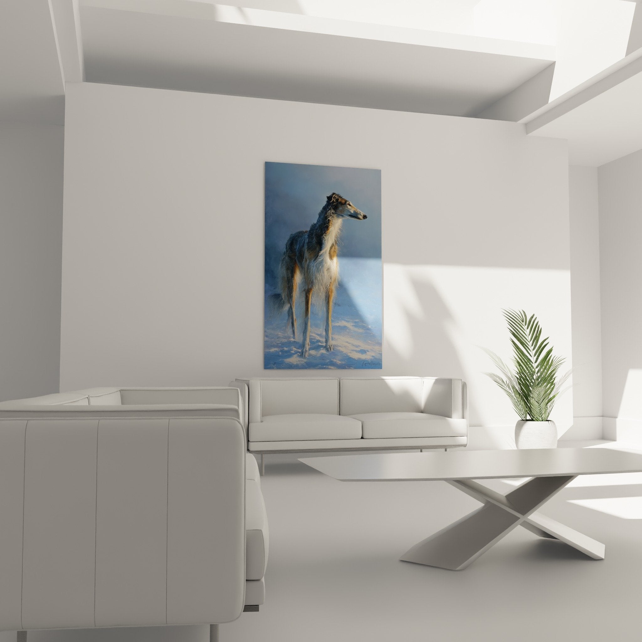 Détail portrait Barzoi, pelage soyeux aux reflets dorés et regard noble du lévrier russe aristocratique