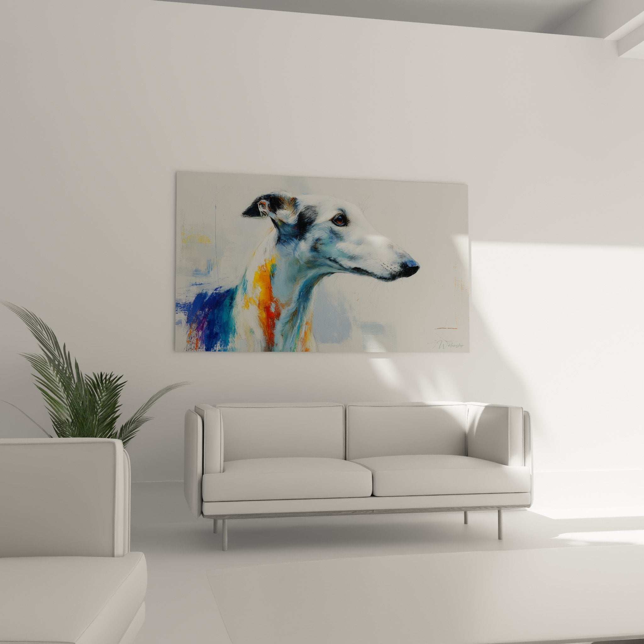 Detail portrait Barzoi artistique, museau bleu-gris et poitrail orange, peinture expressive moderne