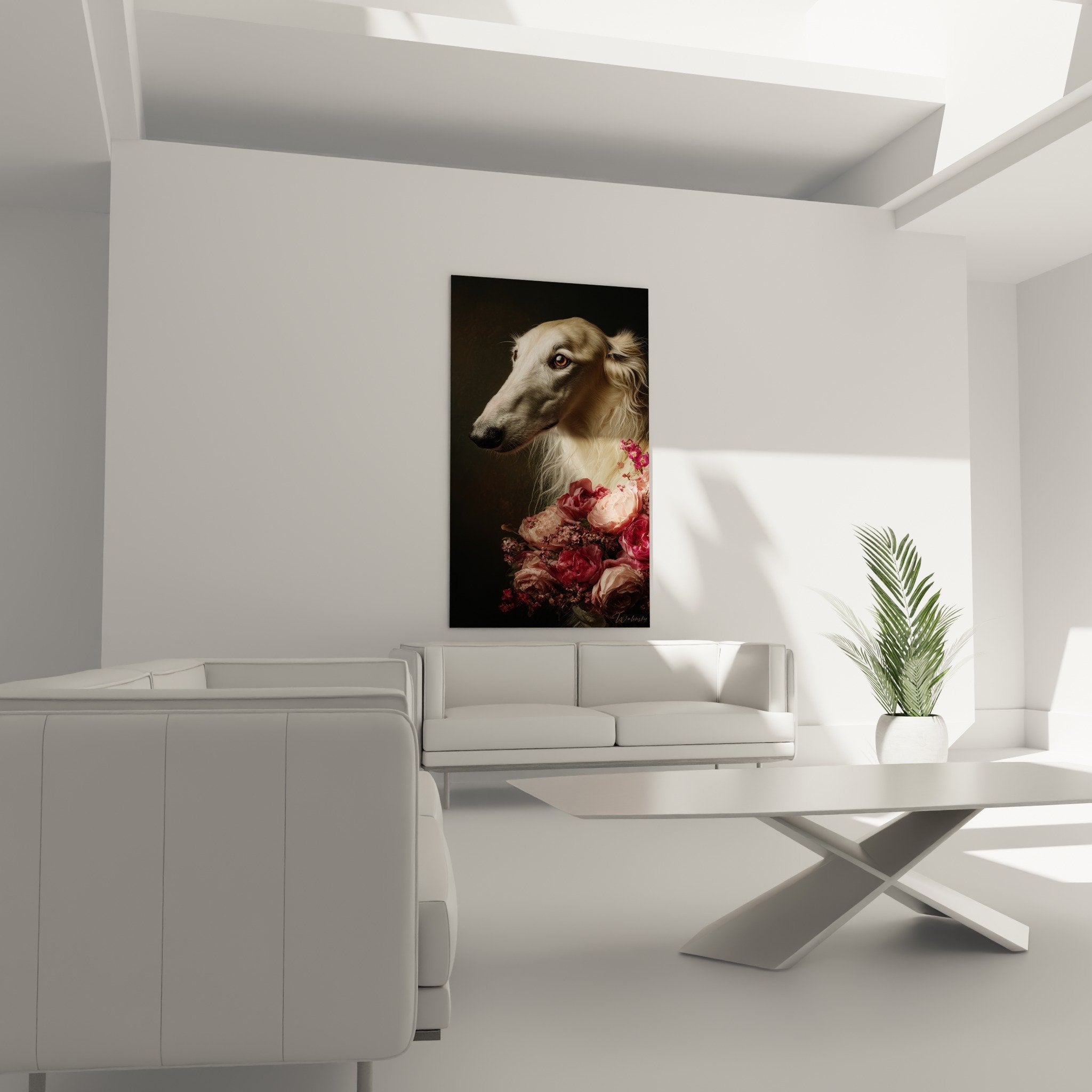 Detail rapproche du regard ambre expressif du Barzoi et des pivoines aux petales delicats