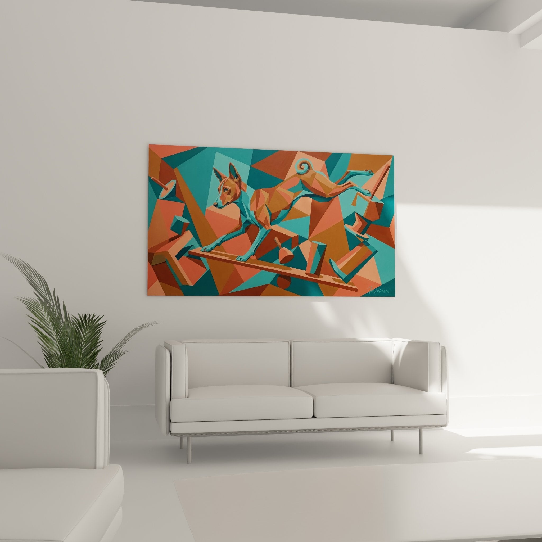 Nahaufnahmedetail Basenji-Gemälde polygonal geometrische Facetten farbig neokubistische moderne künstlerische Technik