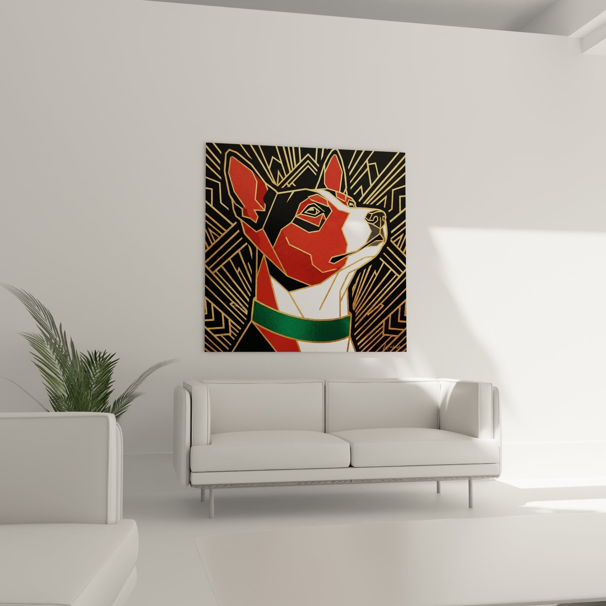 Dettaglio ritratto Basenji stilizzato geometrico colori rosso scarlatto bianco madreperla collare verde smeraldo