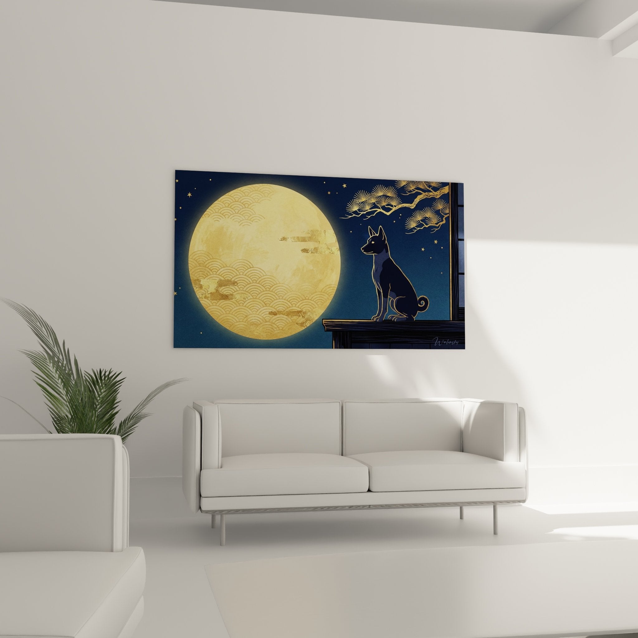 basenji dog painting detail moon adorned japanese waves golden stars pine branches oriental art