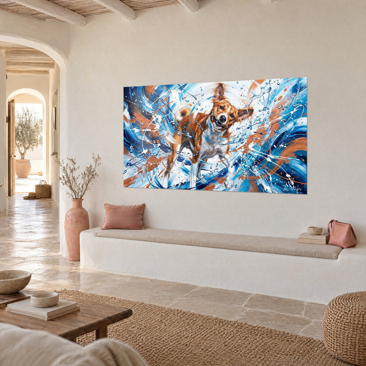 Wall art copper dog with white paws surrounded by indigo waves and water droplets, three-quarter view in a Mediterranean home