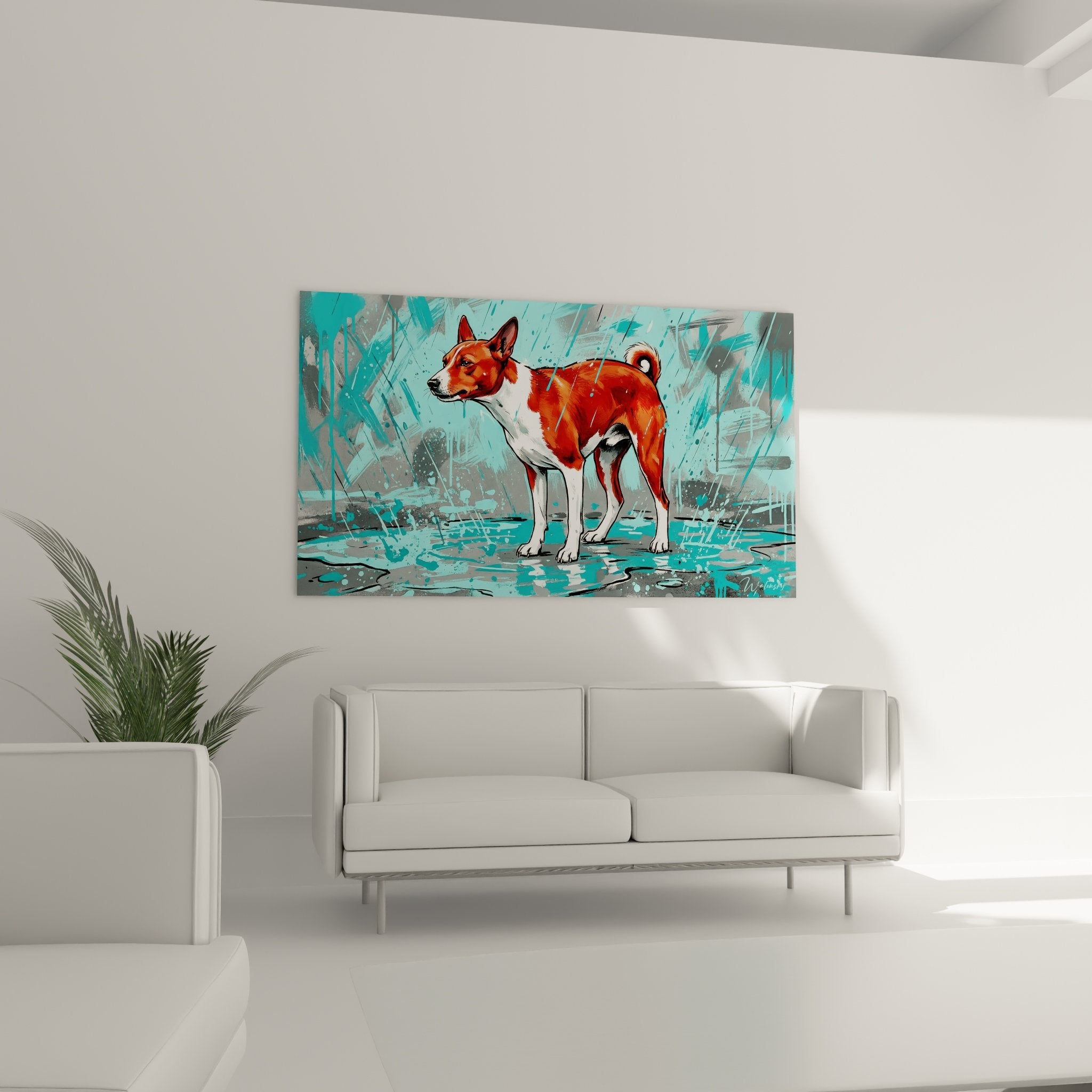 Close-up detail of Basenji painting showcasing turquoise rain brushwork technique and expressive russet coat