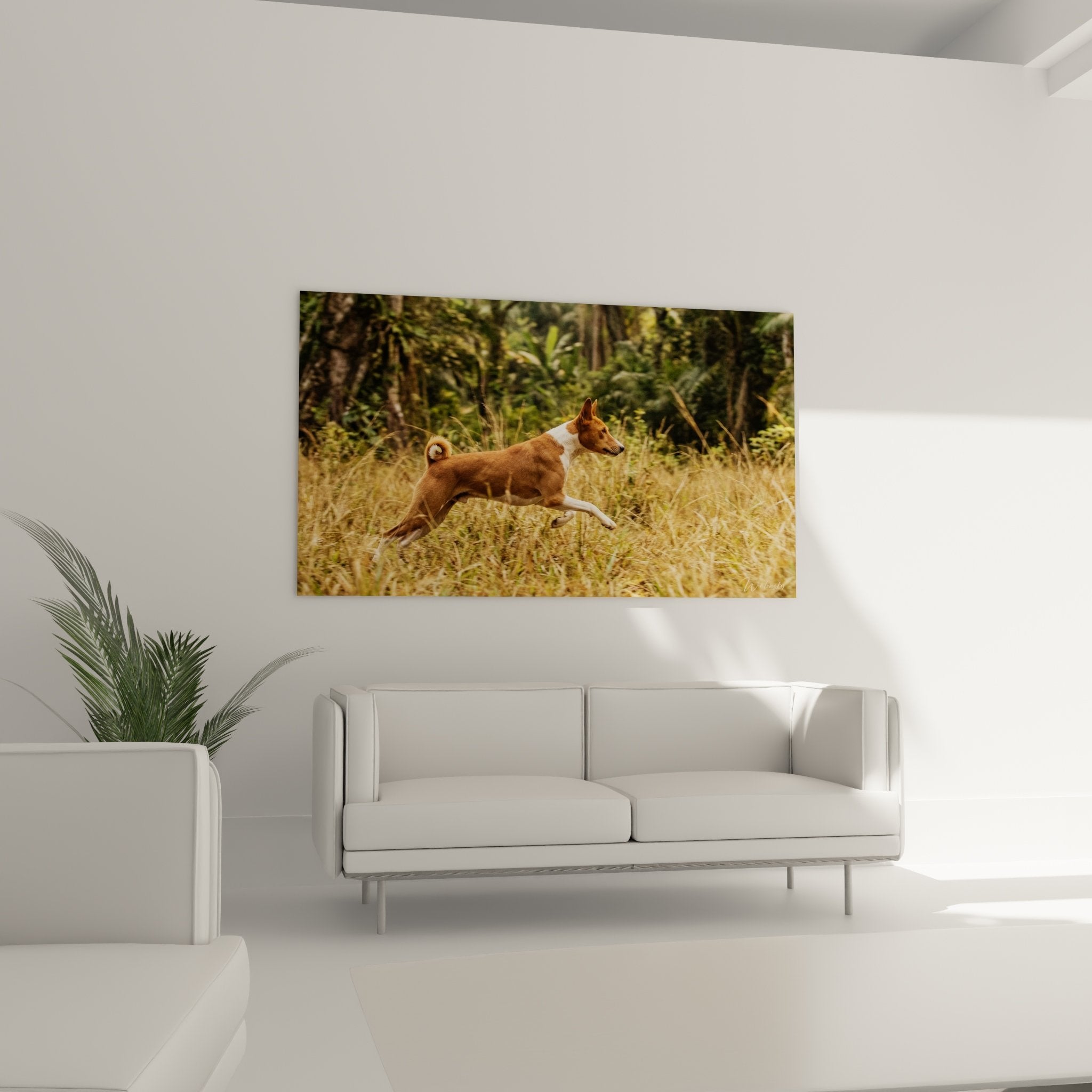 Close-up detail of Basenji painting, copper-red coat contrasting with swaying golden grasses