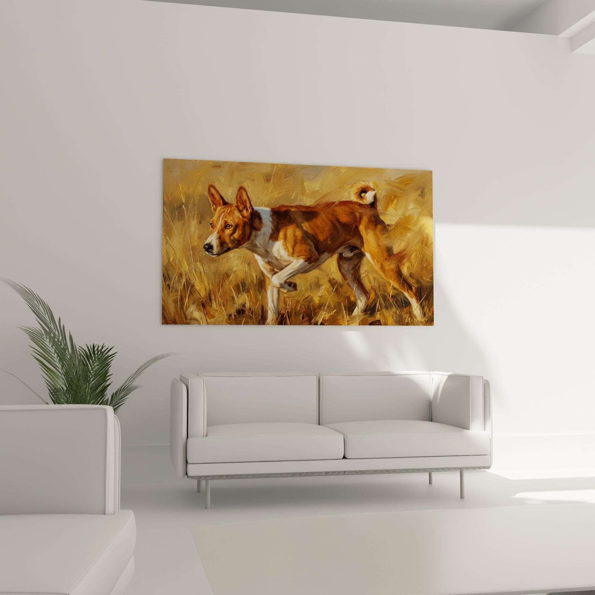 Basenji painting detail with copper-red and white coat brush technique impasto figurative art