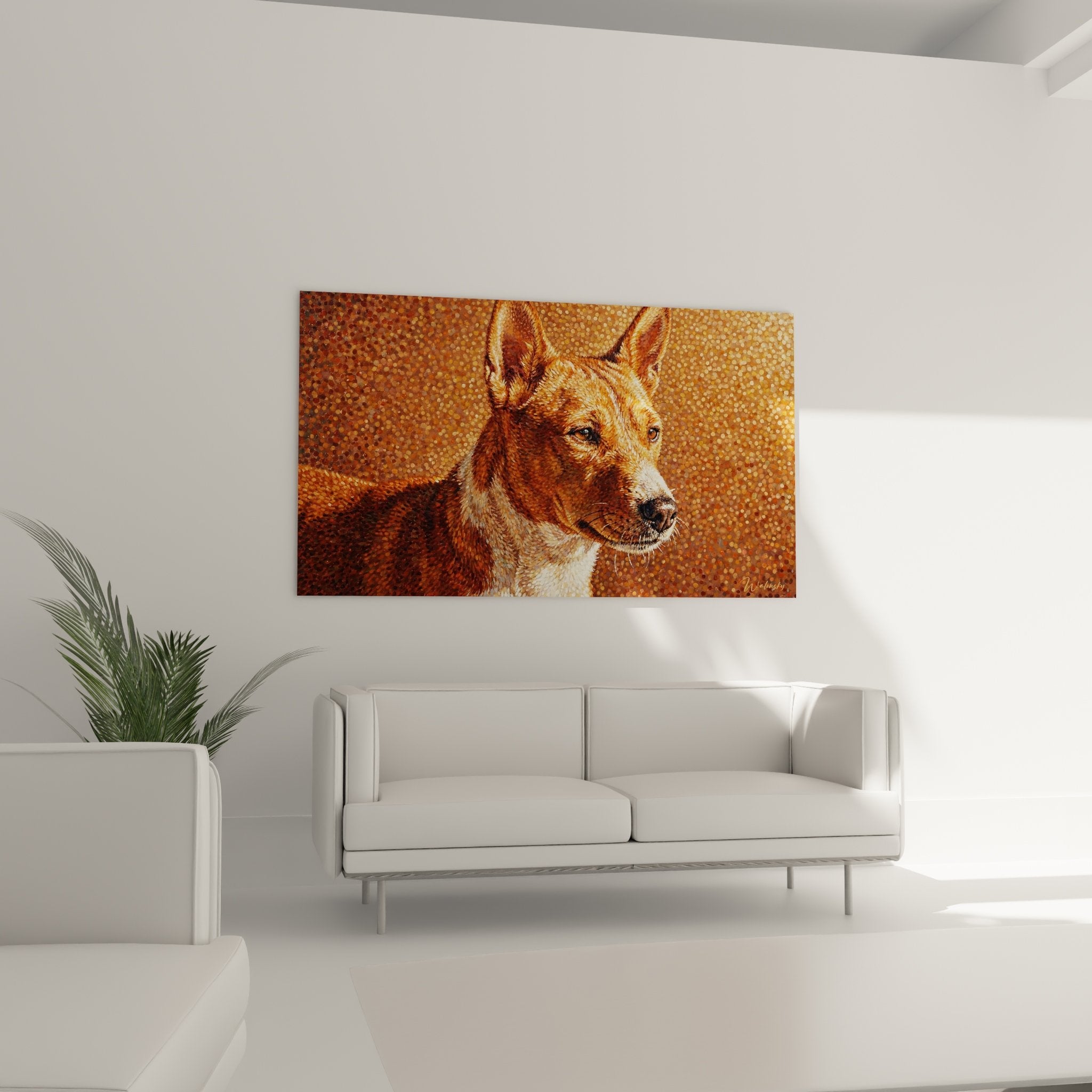 Détail portrait Basenji technique pointillisme avec nuances cuivre bronze et motifs circulaires