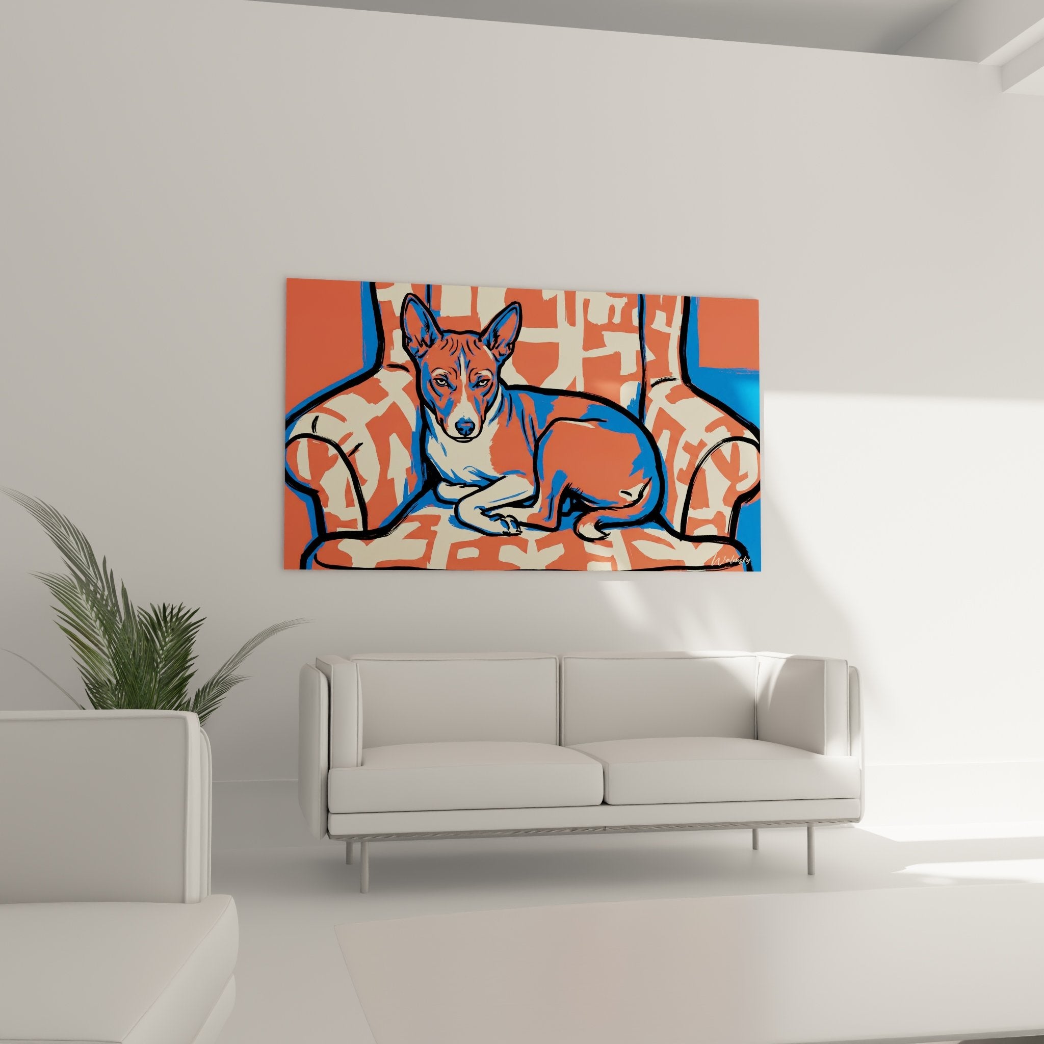 Detail Basenji Pop-Art Gemälde lebendige Farben Koralle Blau moderne Technik stilisierte Hundemalerei