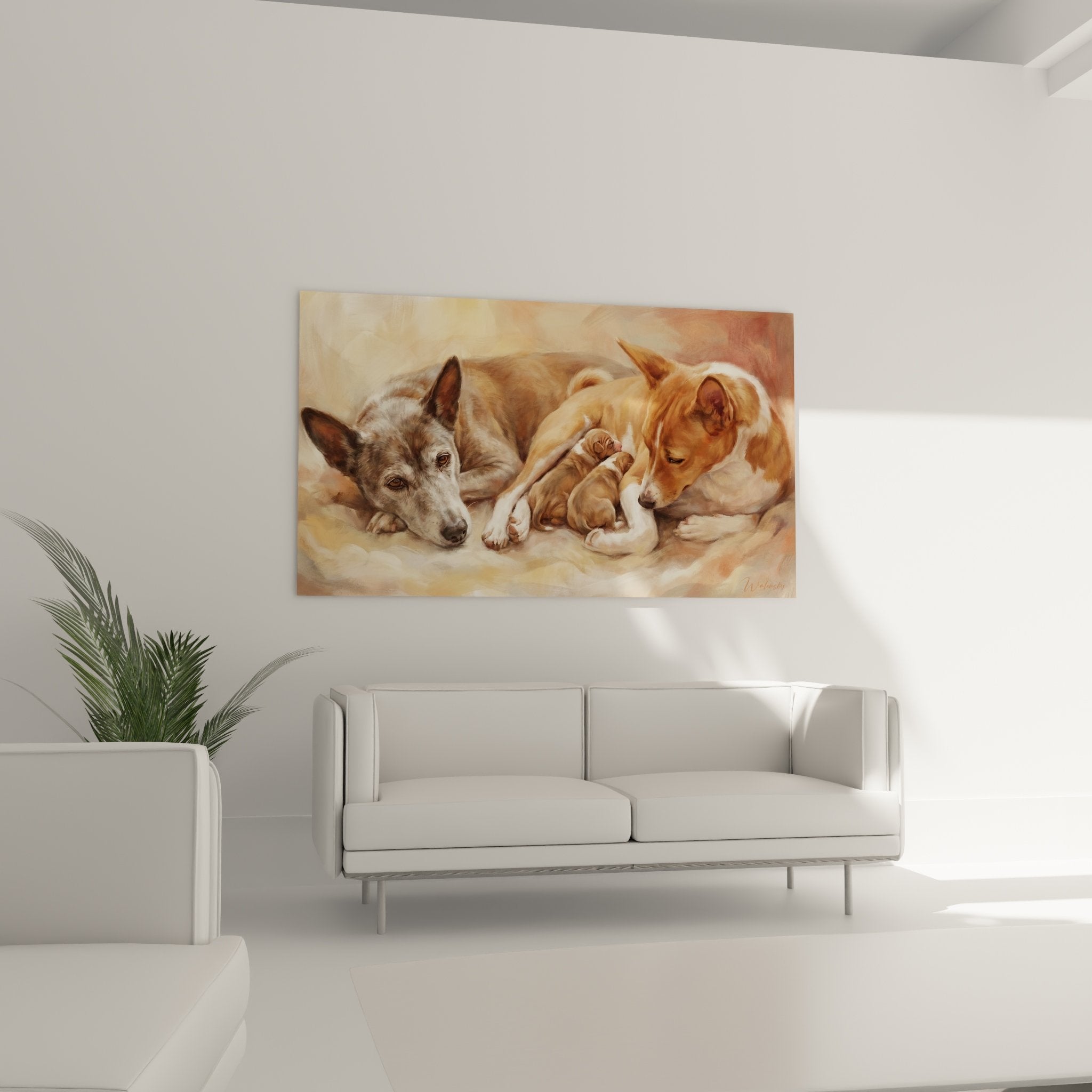 Basenji-Gemäldedetail zeigt zartes Hundekupferauge, graubraune Textur realistisches Fell