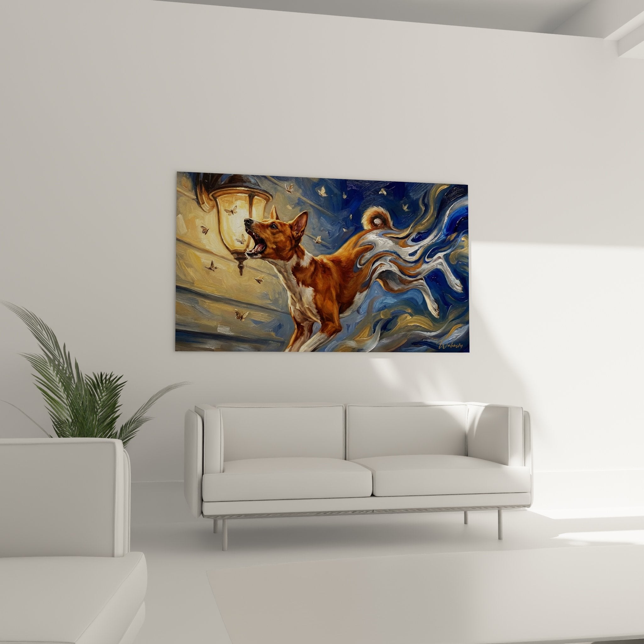 Détail tableau Basenji roux expression joyeuse, technique picturale réaliste pelage couleurs chaudes