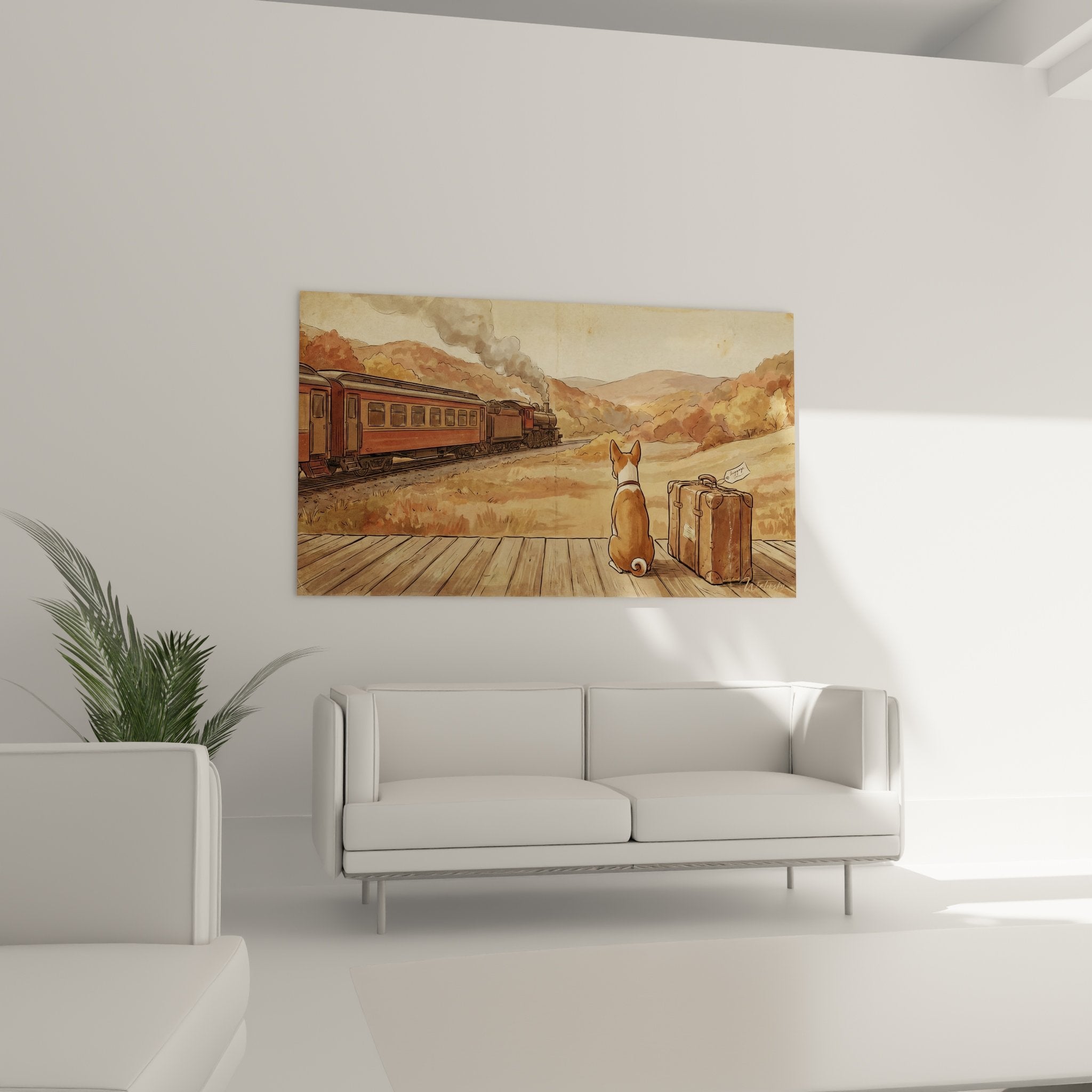 Détail rapproché Basenji roux et blanc sur planches bois quai gare, expression mélancolique, style rétro