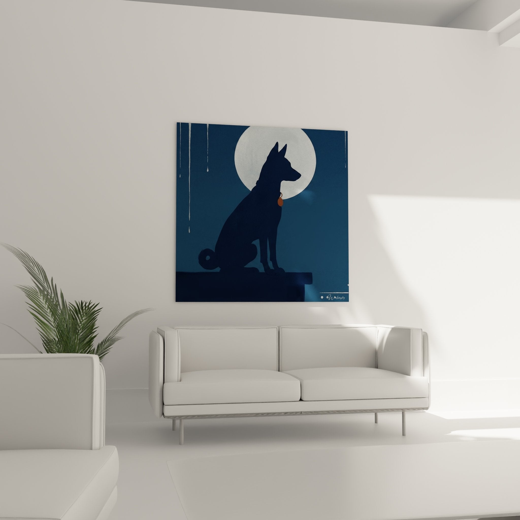 Basenji silhouette moon detail painting high contrast black white copper collar contemporary art blue