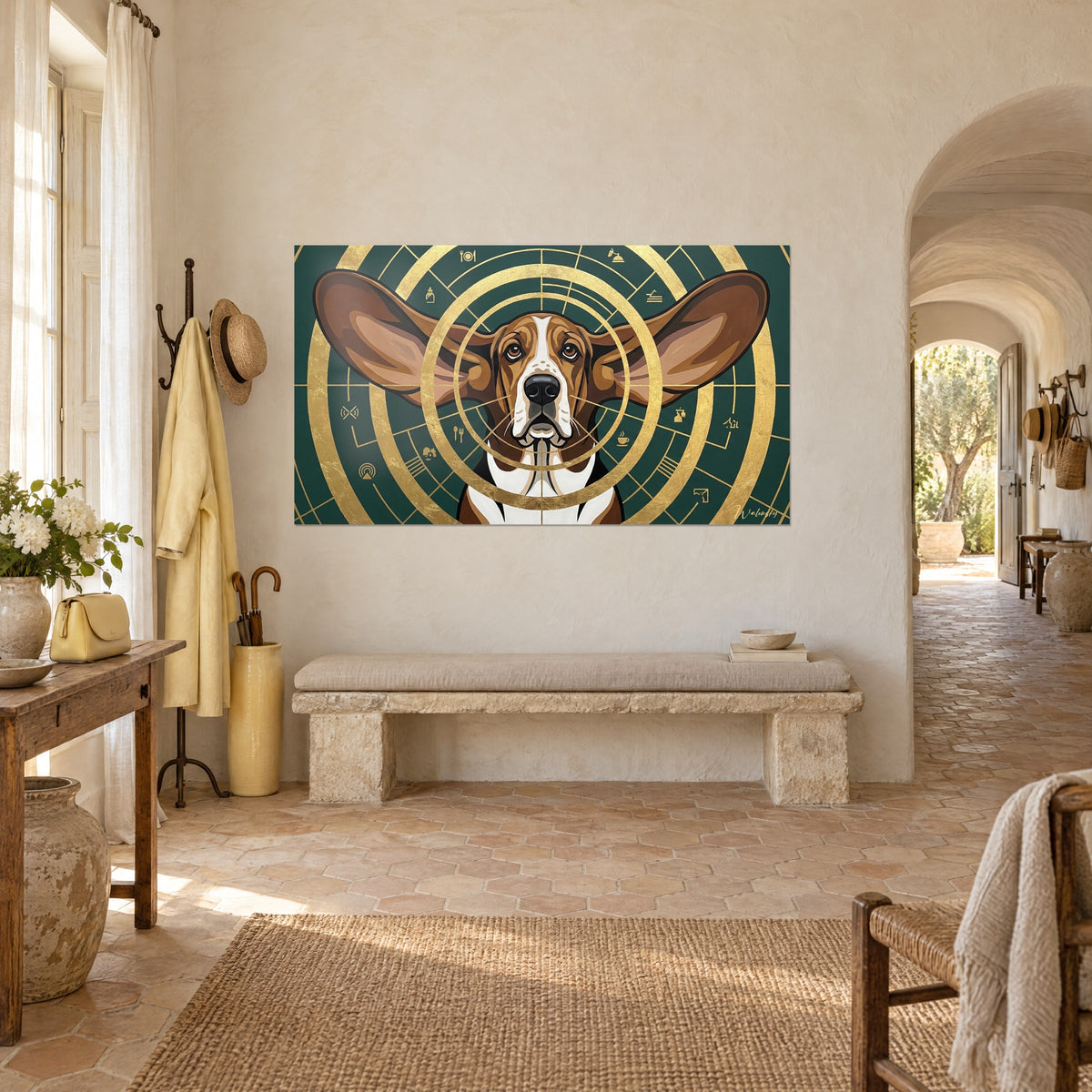 Wall art brown and white dog surrounded by gold leaf rings on an emerald background, rough plastered wall of a Provençal farmhouse
