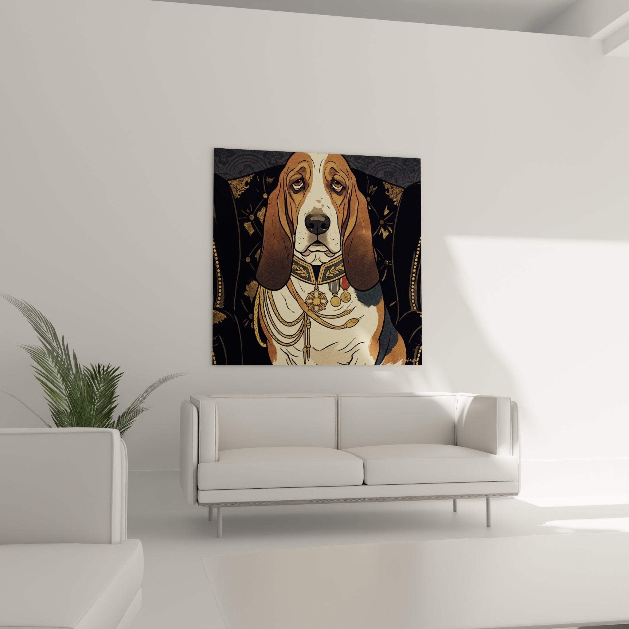 Detailporträt Basset Hound in Militäruniform mit goldenen Stickereien, dekorativen Medaillen und Verzierungen
