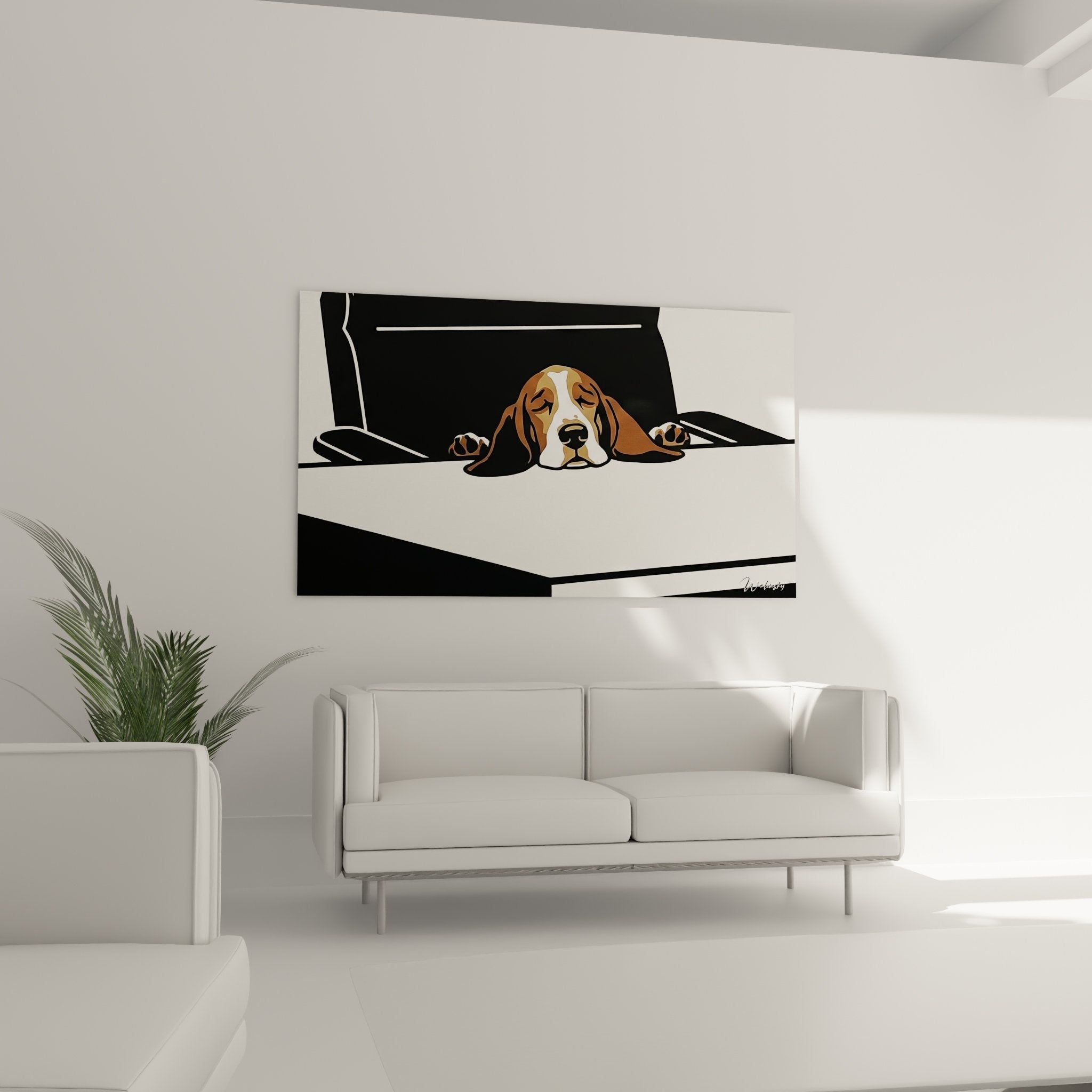 Detailaufnahme Kunstdruck Basset Hound Hund geschlossene Augen braun weißes Fell künstlerisch
