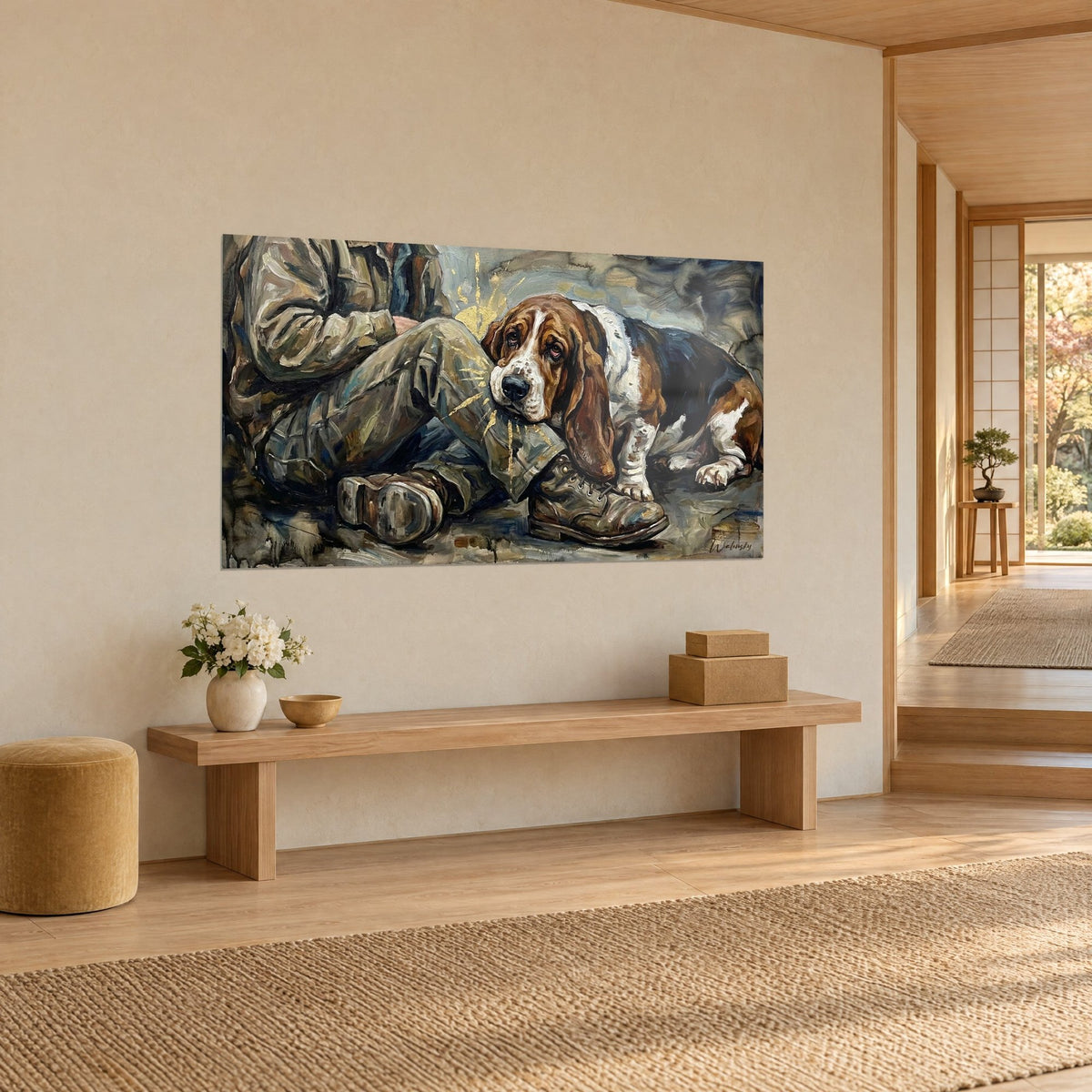 Wall art tricolour hunting dog lying against an olive trellis, gold touches and blue-grey tones, on a cream hallway wall