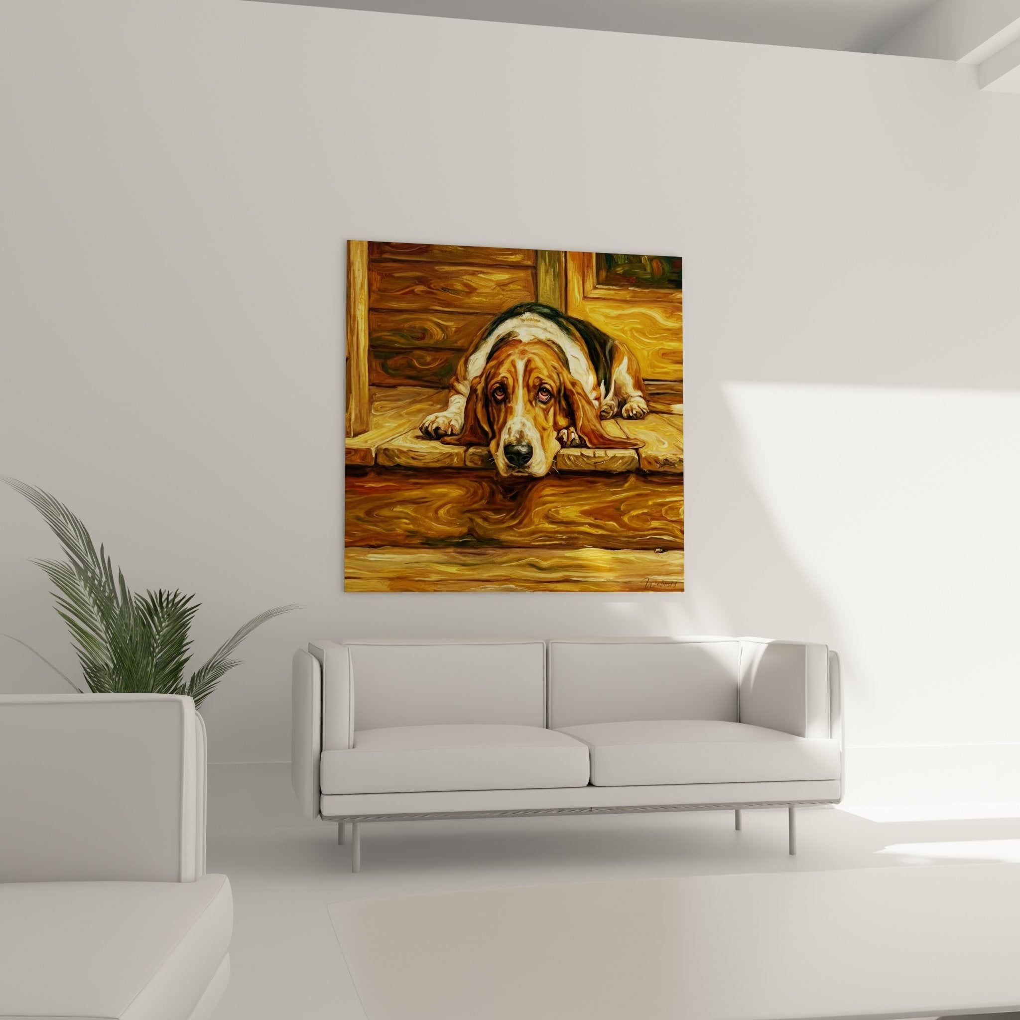 Détail peinture Basset Hound, regard tendre et expressif, technique réaliste tons bruns