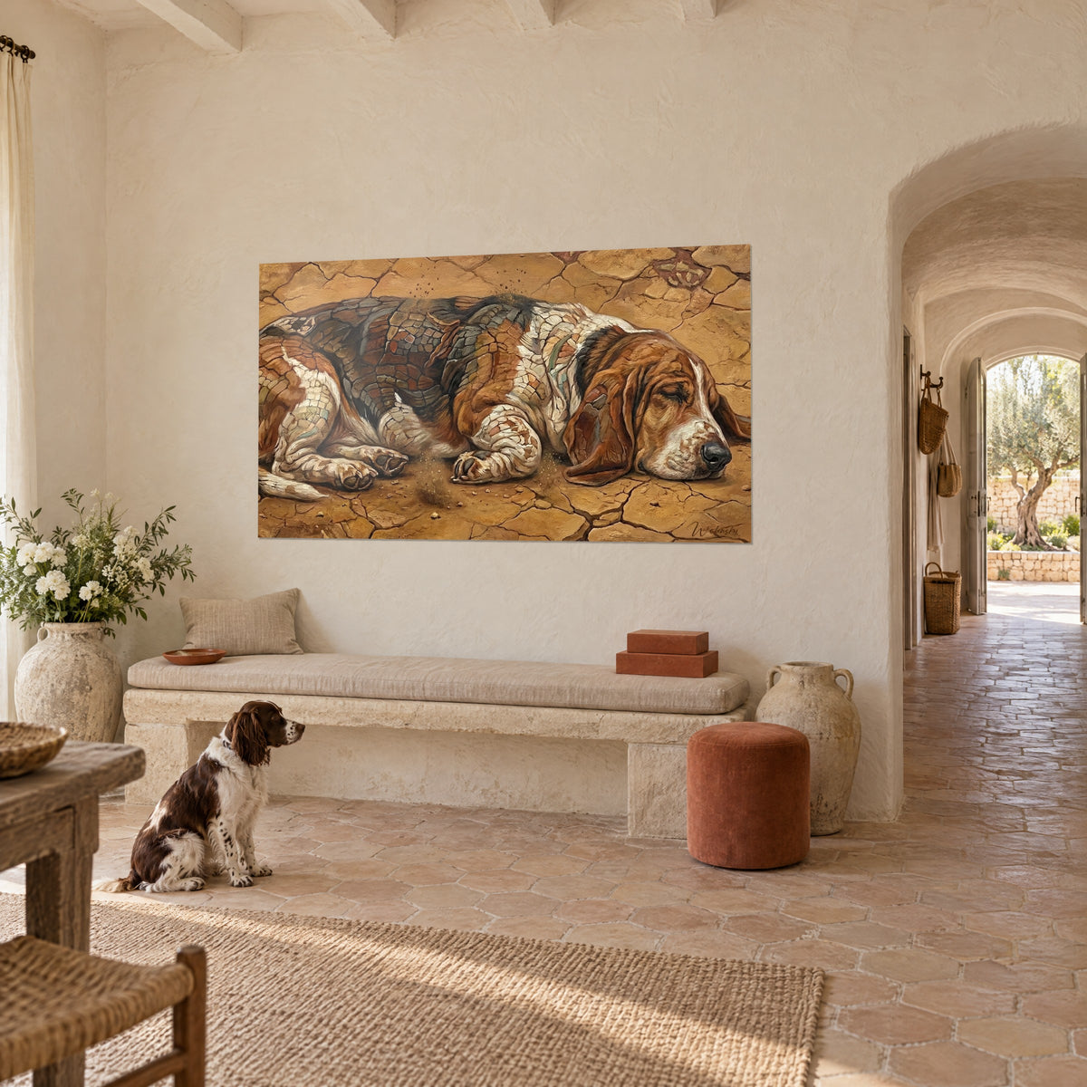 Wall art of a dog with long brown ears sleeping on golden cracked floor, whitewashed wall, a seated spaniel in front, Provençal farmhouse