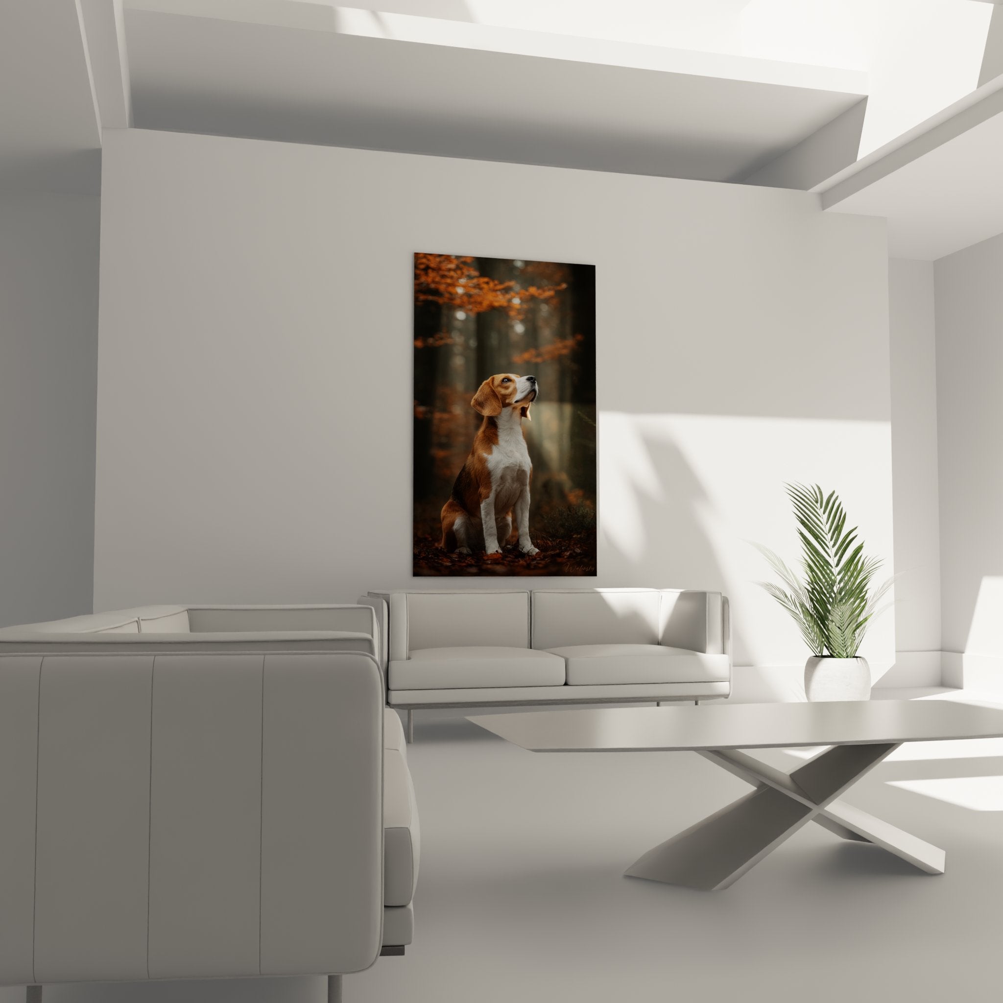 Detailporträt Beagle in Kupfer- und Weißtönen mit Blick zum Himmel