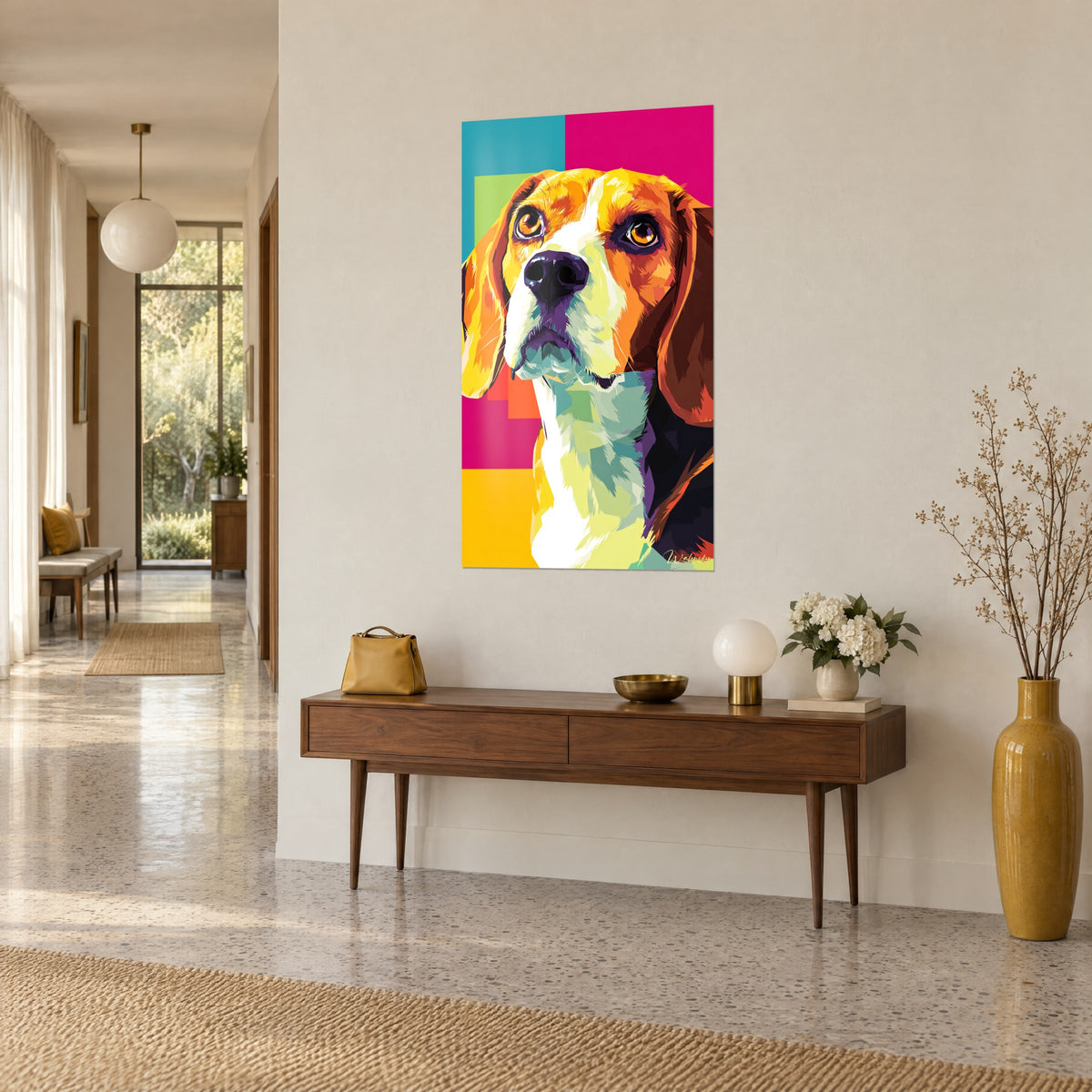 Πίνακας πορτρέτο beagle με πορτοκαλί αυτιά, κίτρινη και λευκή γούνα πάνω σε τιρκουάζ και φούξια επιφάνειες, διάδρομος και ξύλινη κονσόλα
