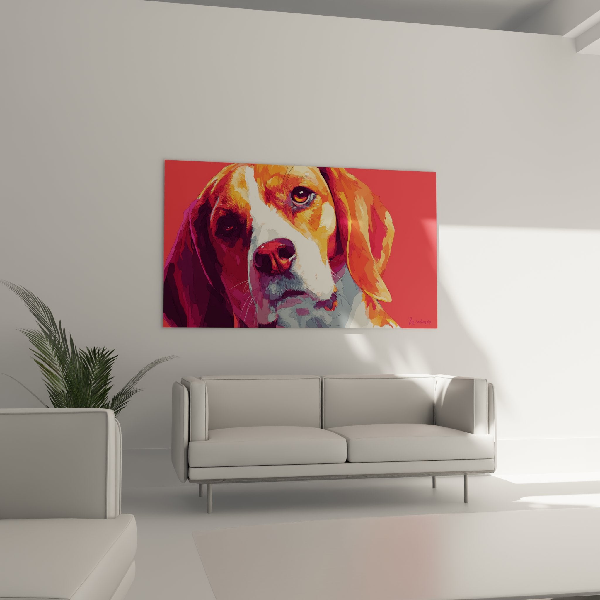 detail portrait beagle pop art regard expressif couleurs rouge orange texture artistique