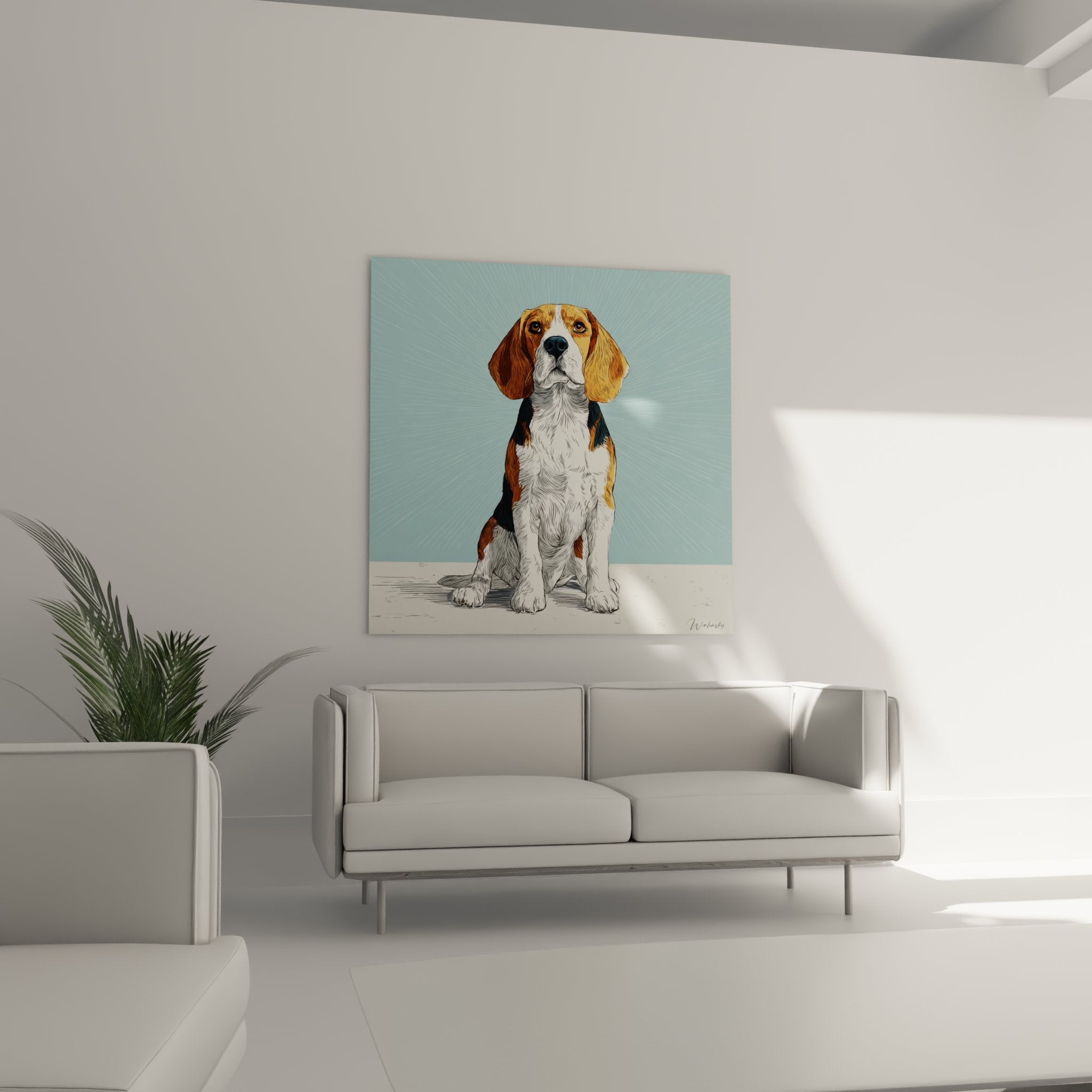detailiertes Beagle-Gemälde mit ausdrucksstarken Augen und dreifarbigem Fell in Rot, Schwarz und Weiß realistisches Porträt