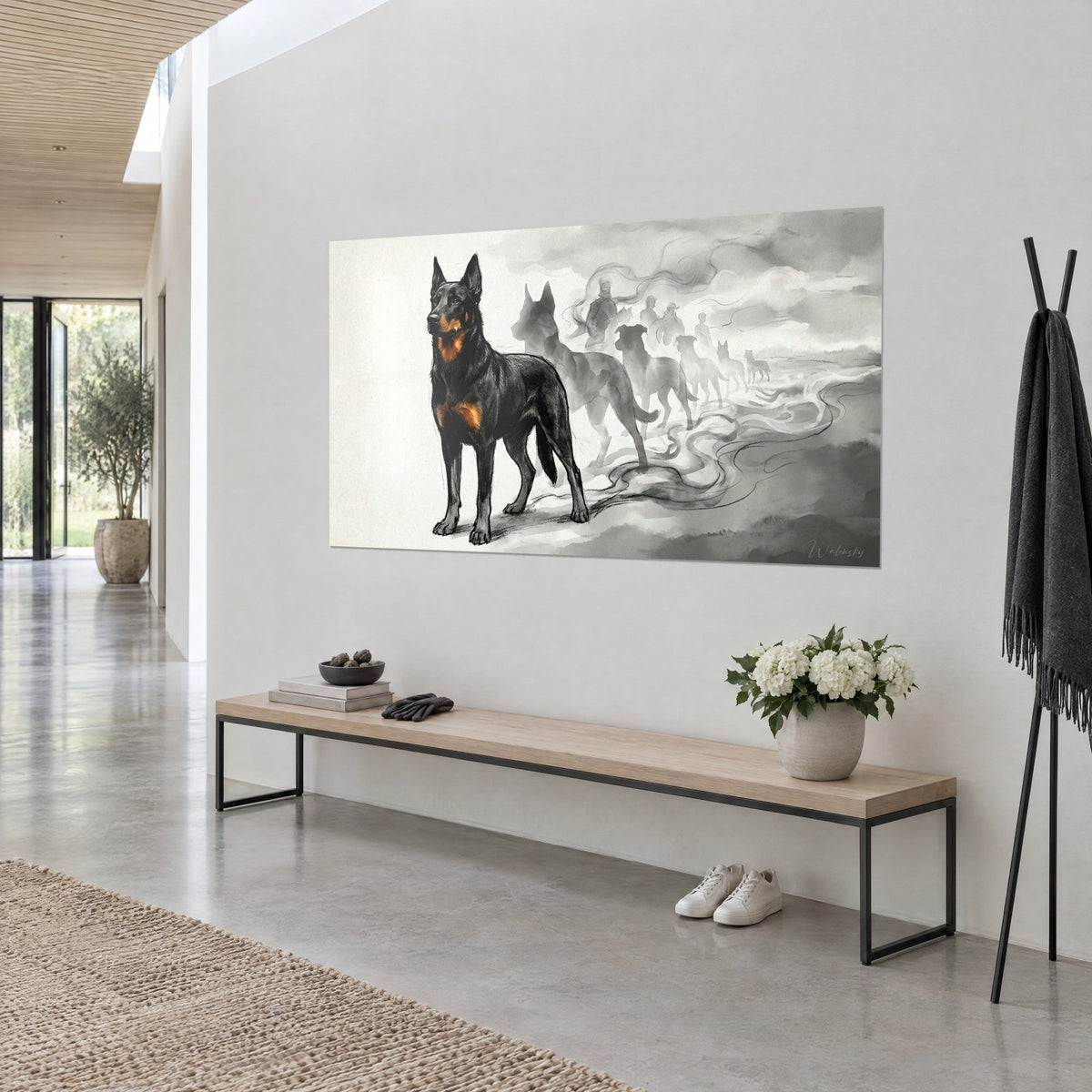 Πίνακας Beauceron όρθιου με τα αυτιά στημένα, τρίχωμα από έβενο και χαλκό, γκρι σύννεφο από μελάνι, σε λευκό τοίχο δίπλα σε ξύλινο παγκάκι