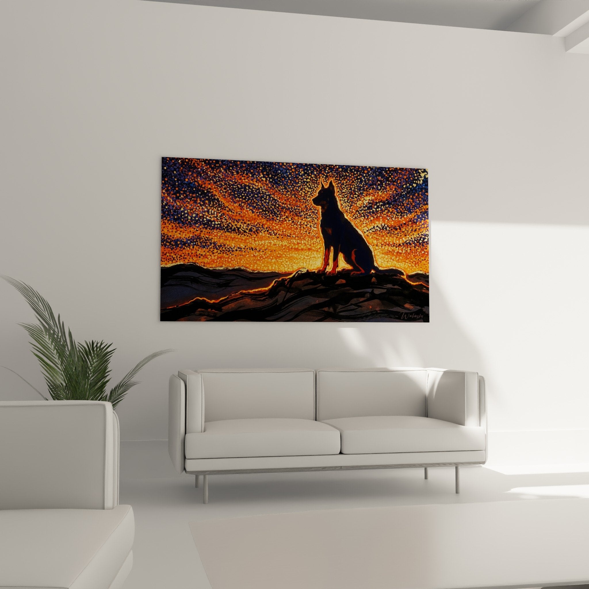Detail tableau chien silhouette contre-jour ciel pointilliste orange cuivre effet stellaire artistique