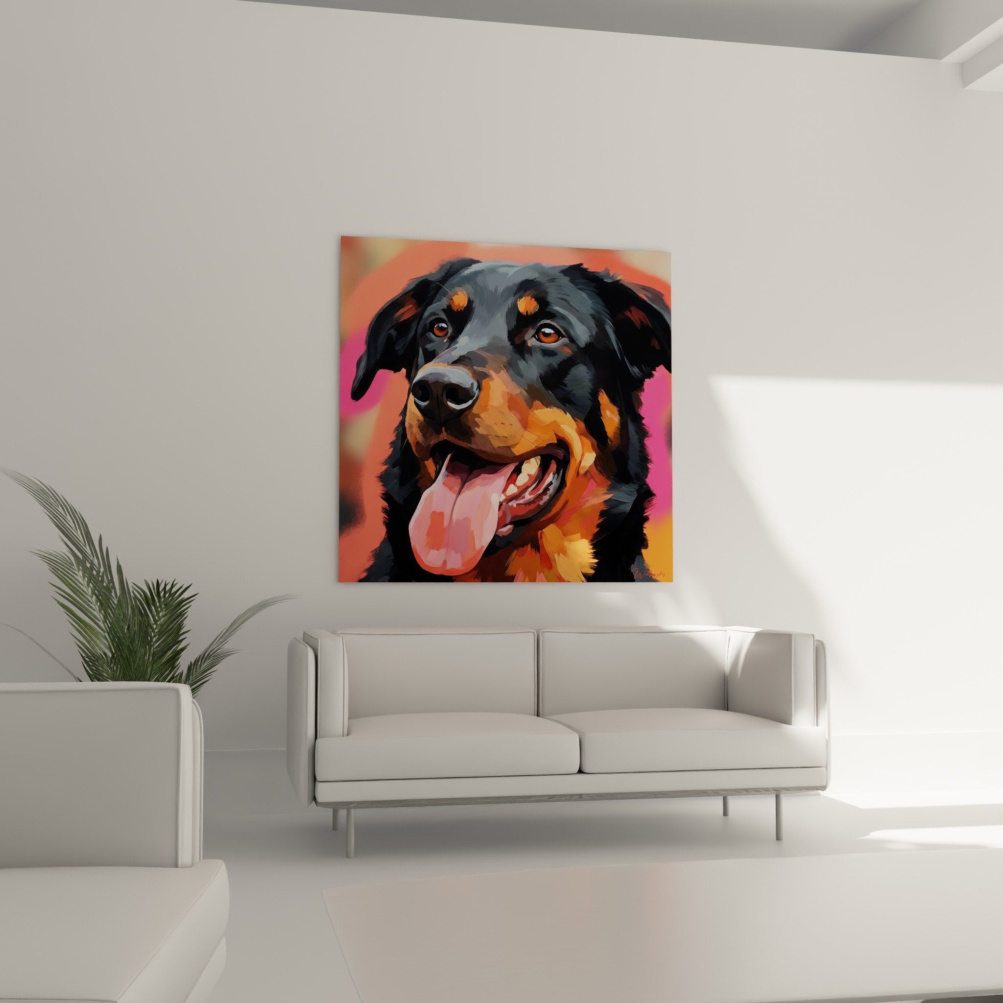 Détail portrait Beauceron yeux ambrés pelage noir marques fauves coups pinceau expressifs texture vivante