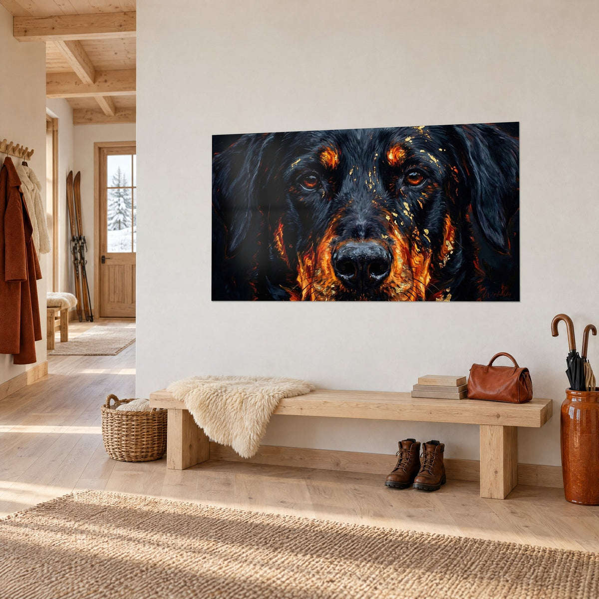Wall art Beauceron with a smoldering gaze, charcoal muzzle and orange flames, on a white wall beside a wooden bench