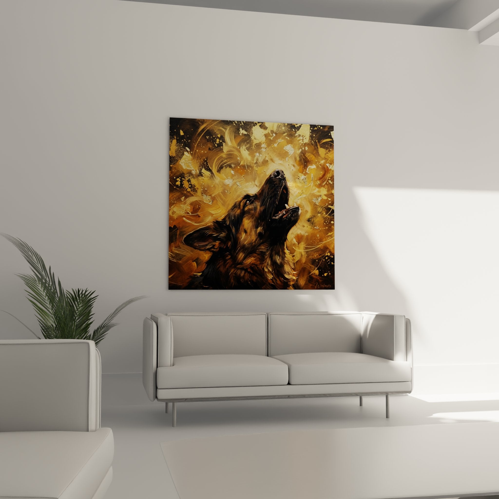 Detail Gemälde Deutscher Schäferhund offenes Maul Heulen goldene expressive Wirbel